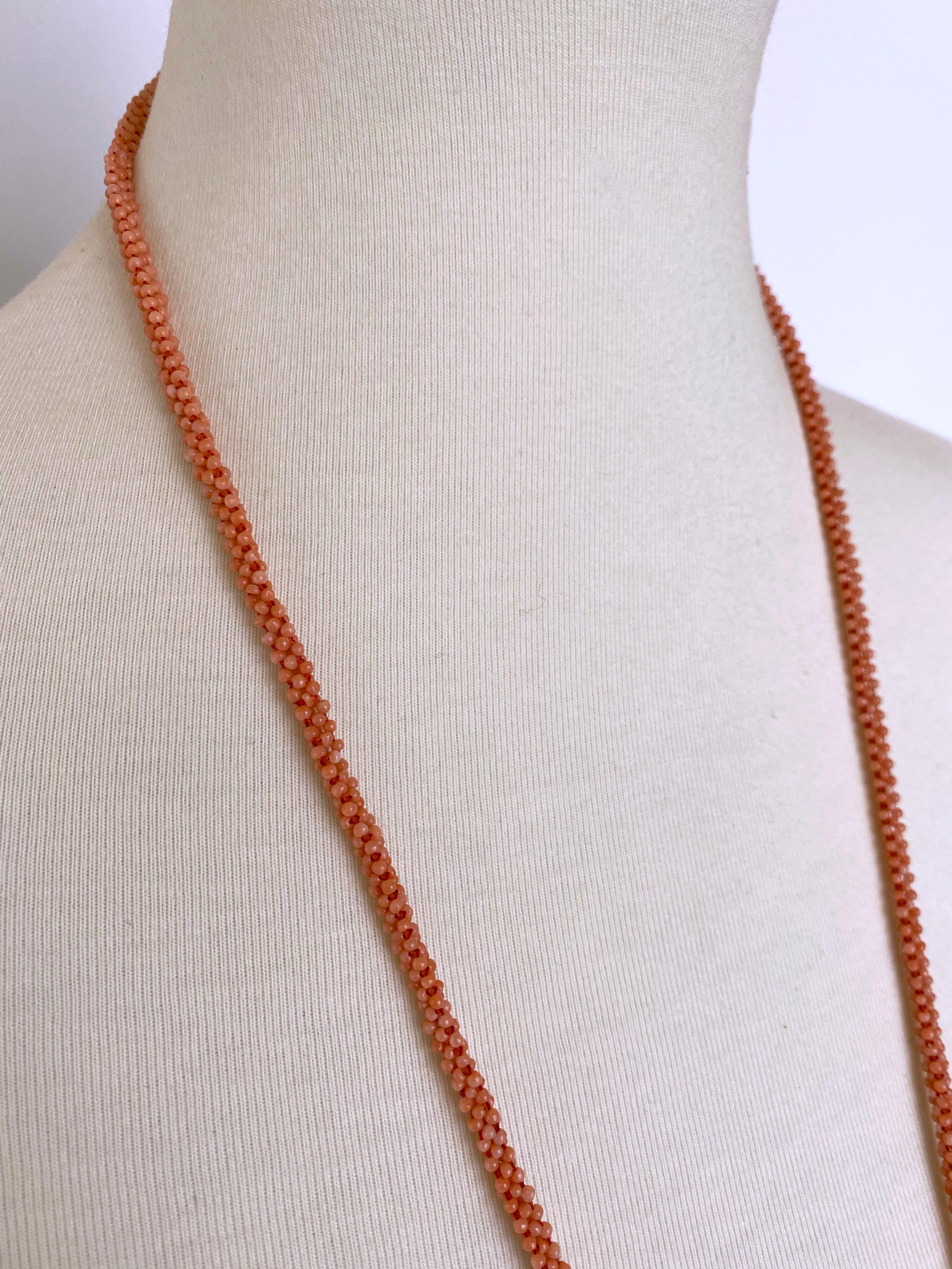 Bead Marian J. Woven Mediterranean Coral Rope Necklace with 14K White Gold and Tassel For Sale