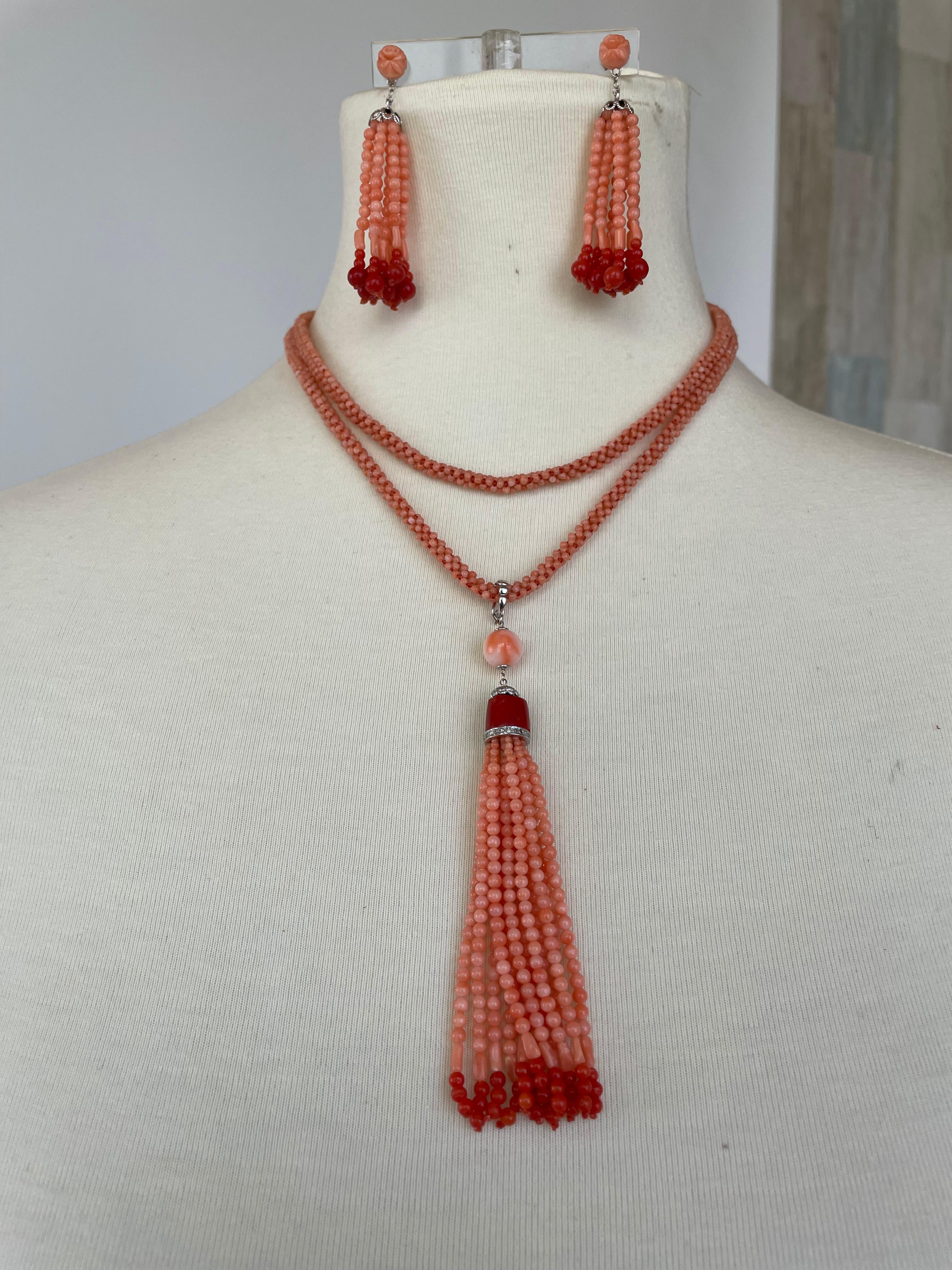 Marian J. Woven Mediterranean Coral Rope Necklace with 14K White Gold and Tassel In New Condition For Sale In Los Angeles, CA