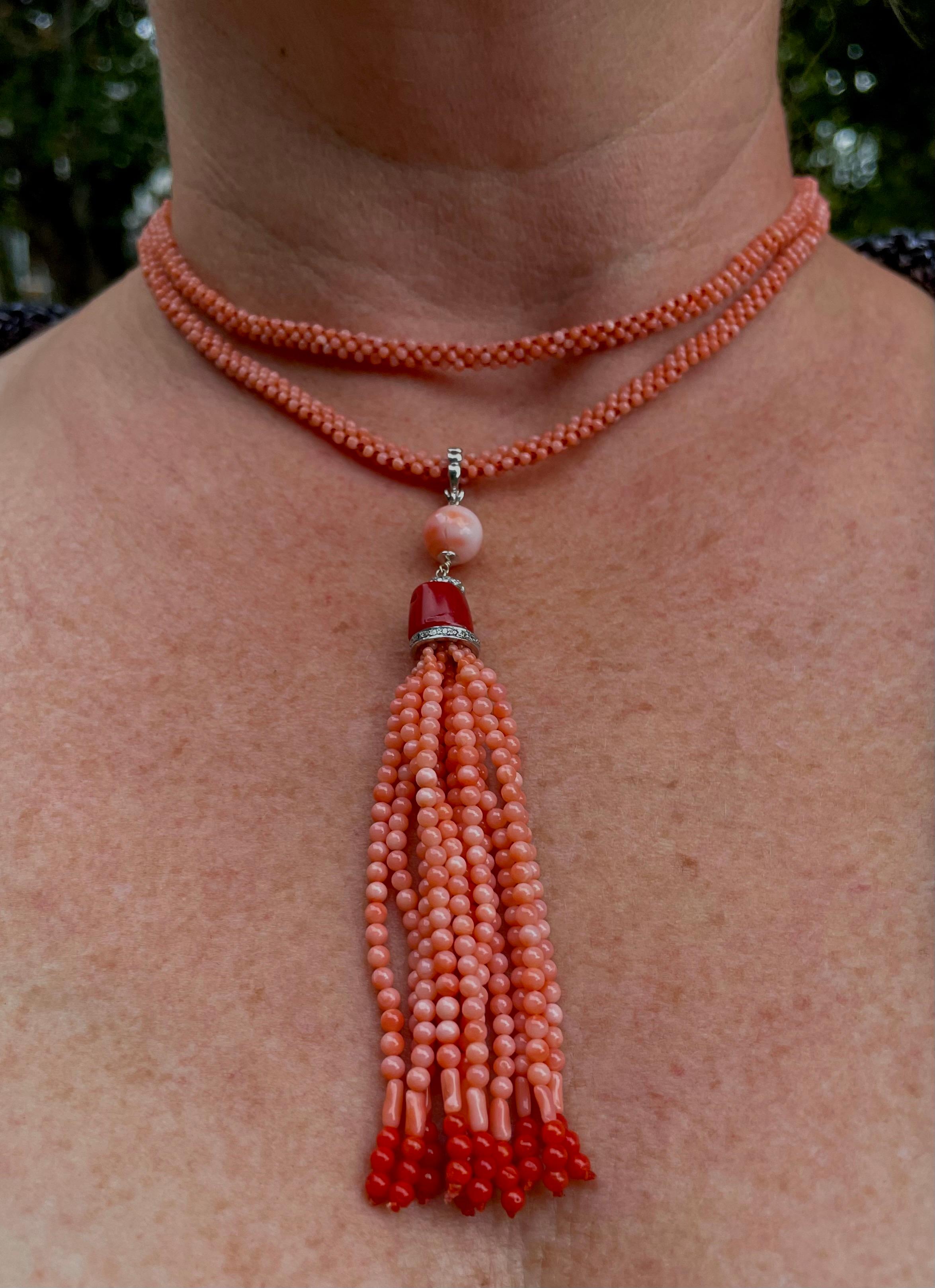 Marian J. Woven Mediterranean Coral Rope Necklace with 14K White Gold and Tassel For Sale 1