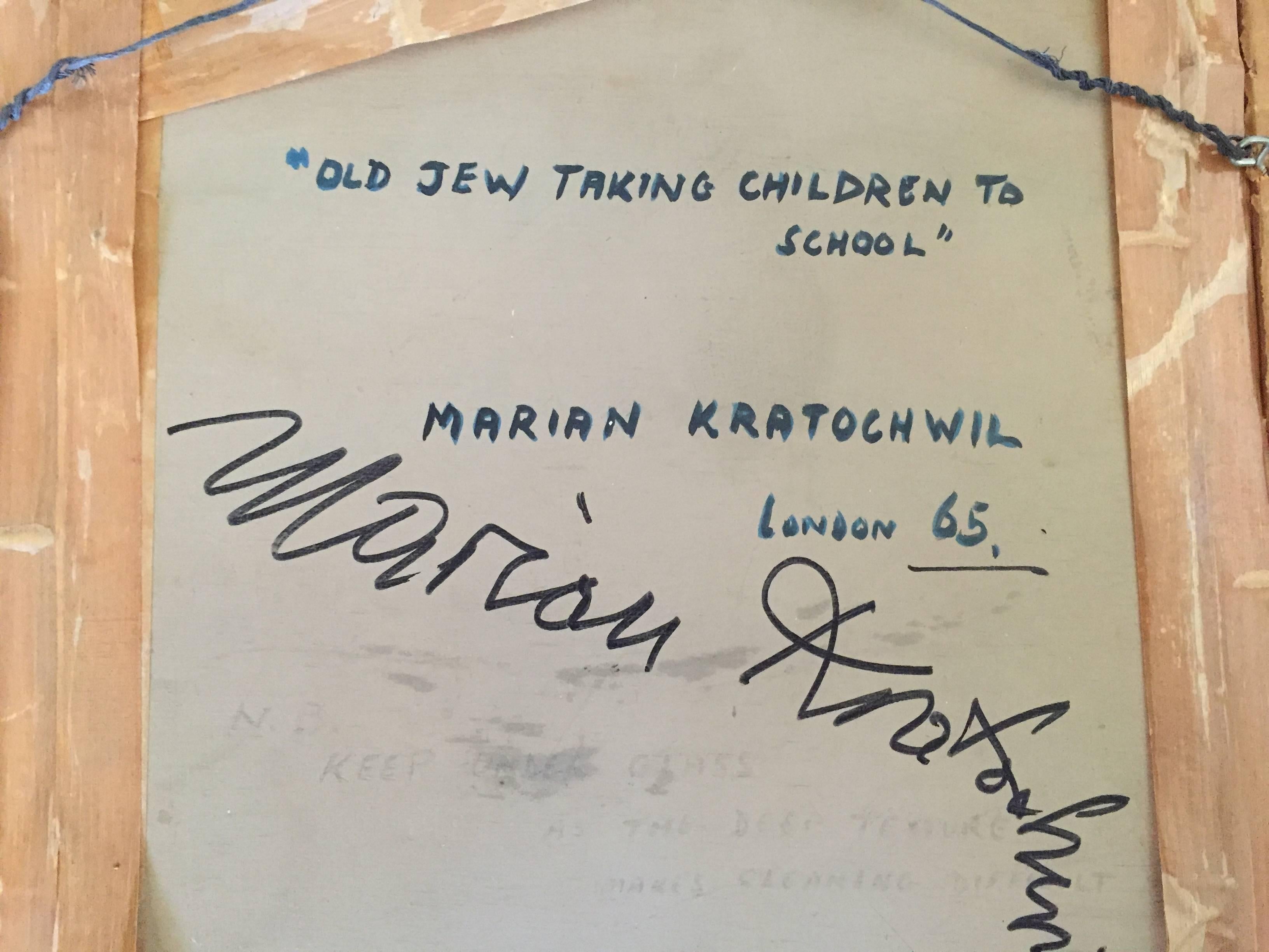 Un vieux juif emmène ses enfants à l'école (le réfugié) - Moderne Painting par Marian Kratochwil