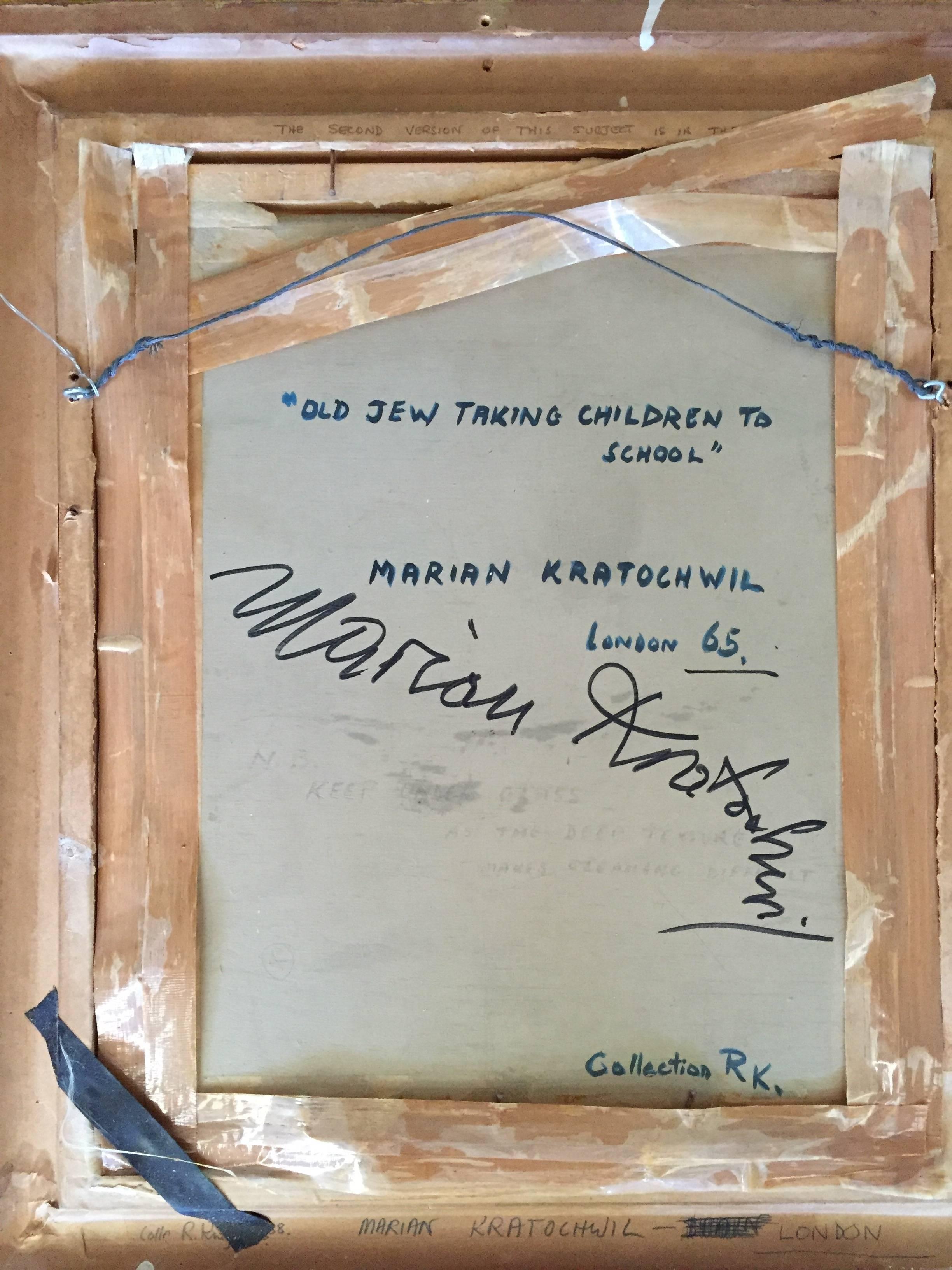 Un vieux juif emmène ses enfants à l'école (le réfugié) - Marron Figurative Painting par Marian Kratochwil