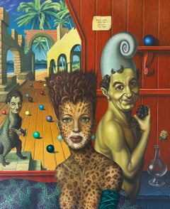Kitten Surrealism Oil Painting on Panel Colours Tiger Woman In Stock