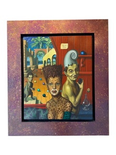 Kitten Surrealism Oil Painting on Panel Colours Tiger Woman In Stock