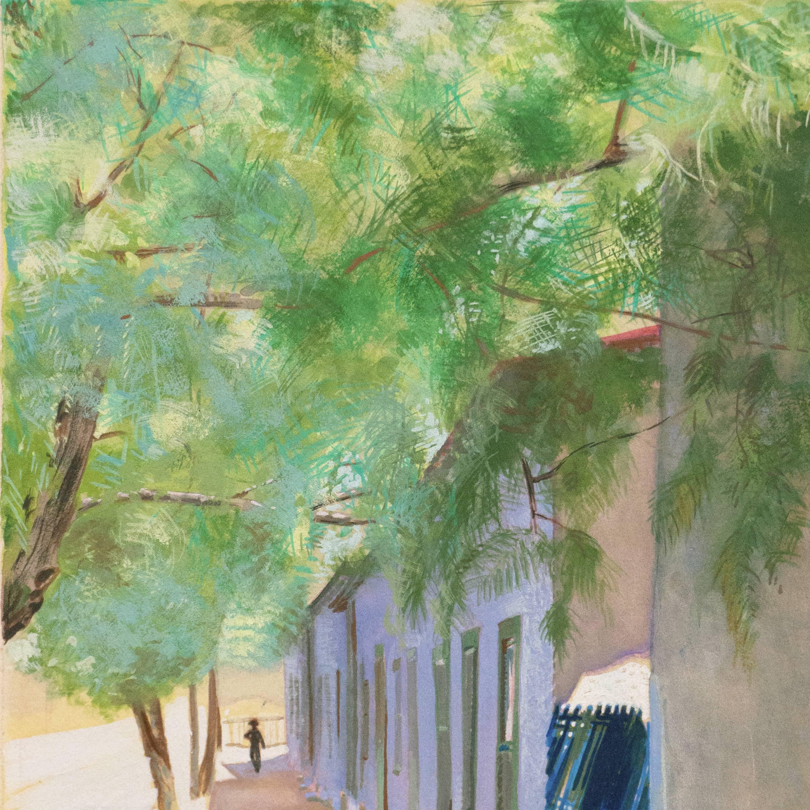 Signed lower right, 'Marian Stahl' (American, 20th century) and painted circa 1960.
Inscribed verso, 'Meyer St, Tucson AZ' with artist address. 

A finely drawn, mid-century view of old town Tucson in the mid-day sun with two girls standing in the
