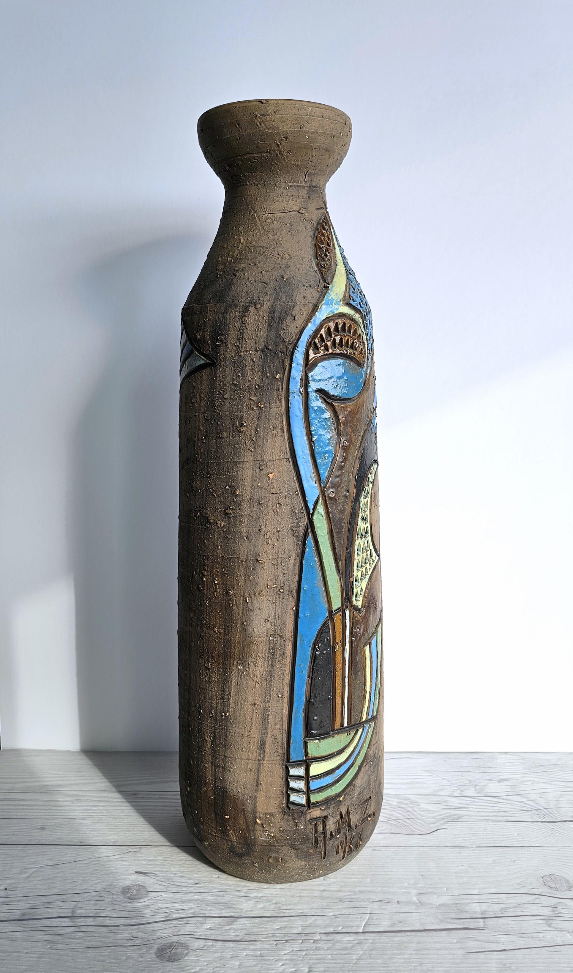 Poterie Marian Zawadsky pour Tilgmans Keramik 1966 MCM Sgraffito Sculptural Floorvase en vente