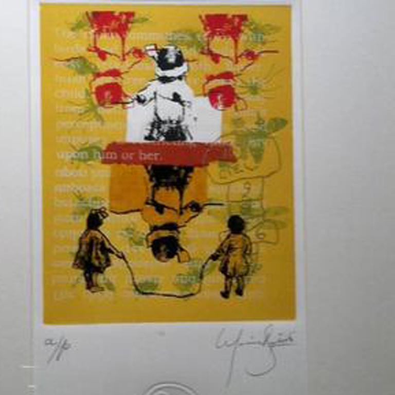 This artist's print work relies mostly on serigraphy and collage for its impact. Images of children at play rest on a background of red with grey text and green bees and insects. The piece is sold in a boxed frame with glass. The artist's signature