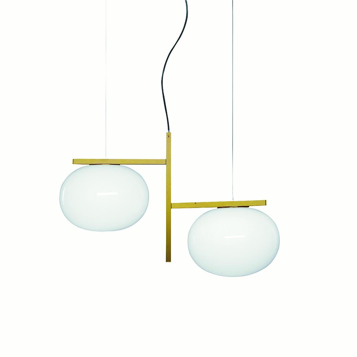 Mid-Century Modern Mariana Pellegrino Soto Suspension Lamp 'Alba' Double Arm Brass by Oluce For Sale
