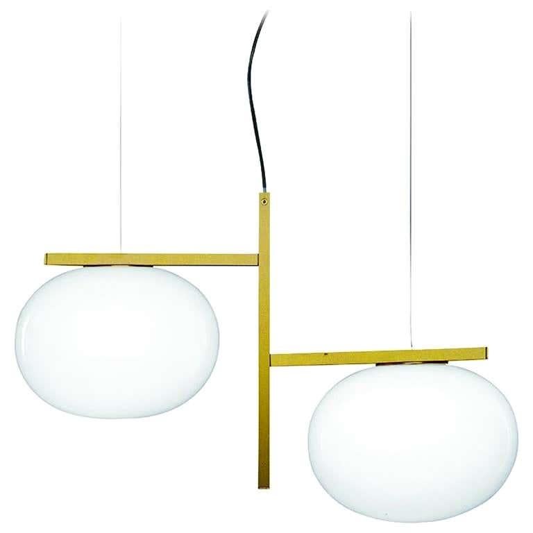 Contemporary Mariana Pellegrino Soto Suspension Lamp 'Alba' Double Arm Brass by Oluce For Sale