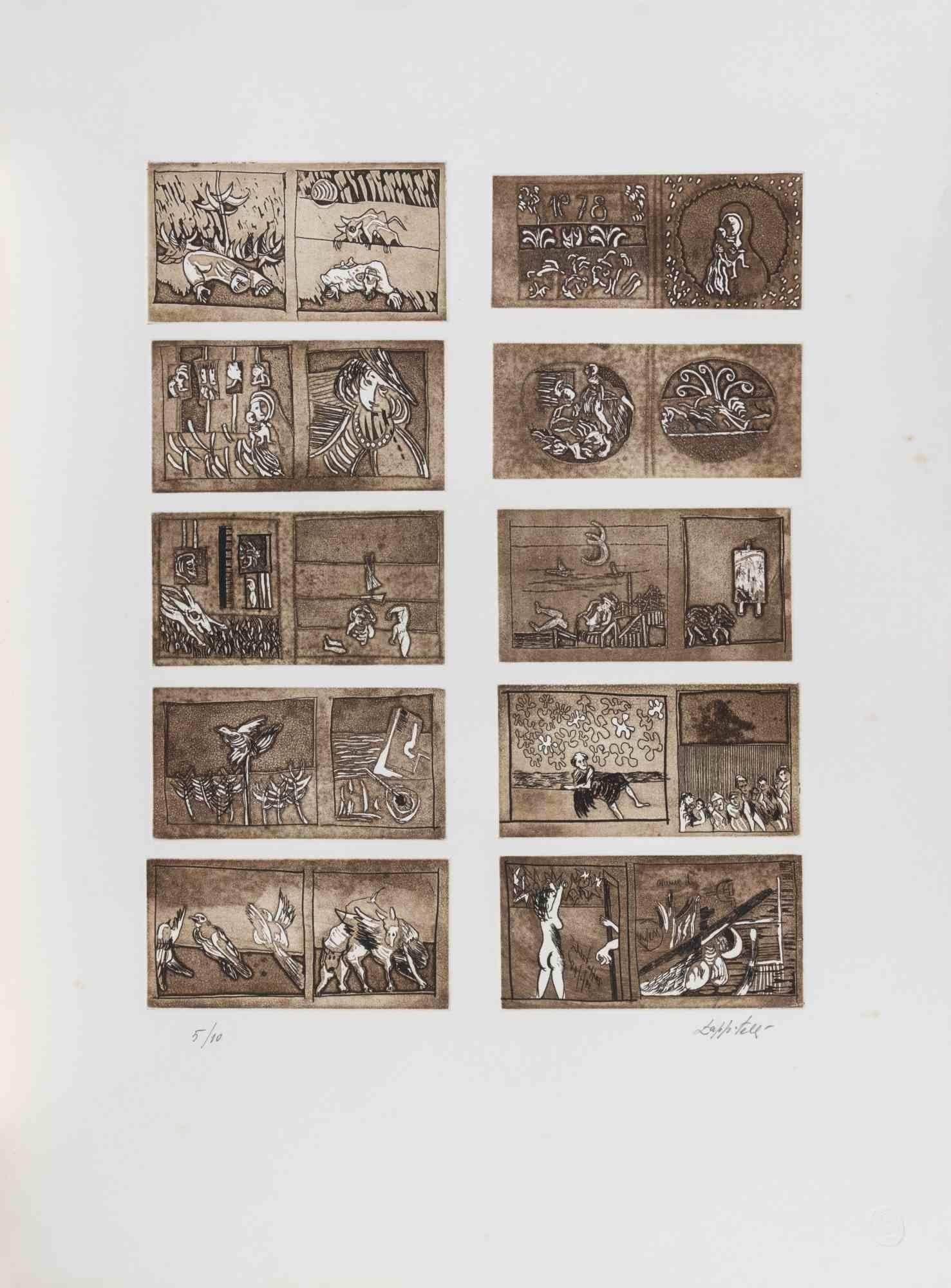 Etching / aquatint (brown tone), signed and dated 1978, edition of 10.

This intriguing graphic work by Mariangelo Zappitelli is conceived like a sequence of small illustrated frames, reminiscent of a storyboard, a comic strip, or fragments of a