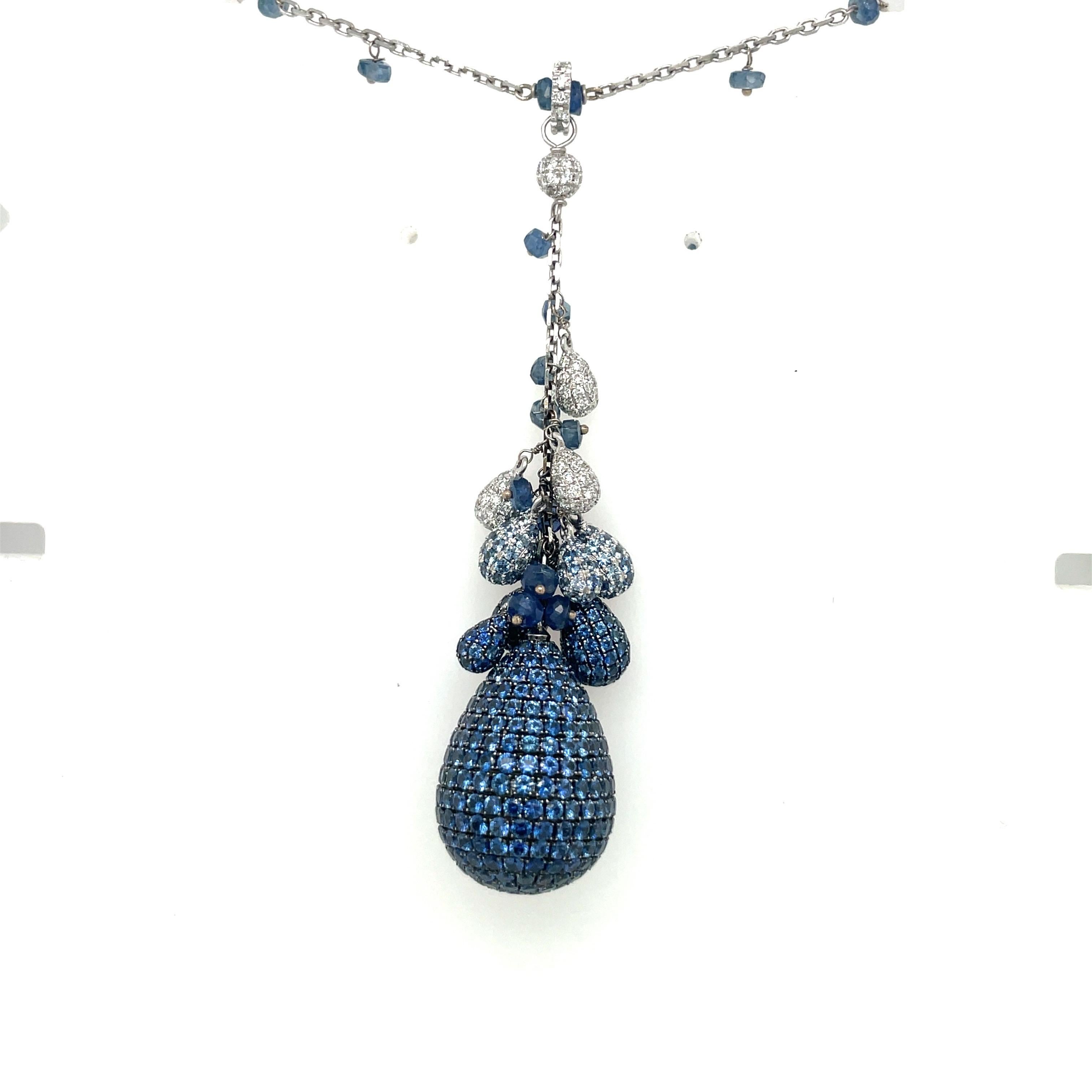 Contemporary Mariani 18 KT White Gold 12.96CT Blue Sapphire 1.02 CT Diamond Drop Necklace For Sale