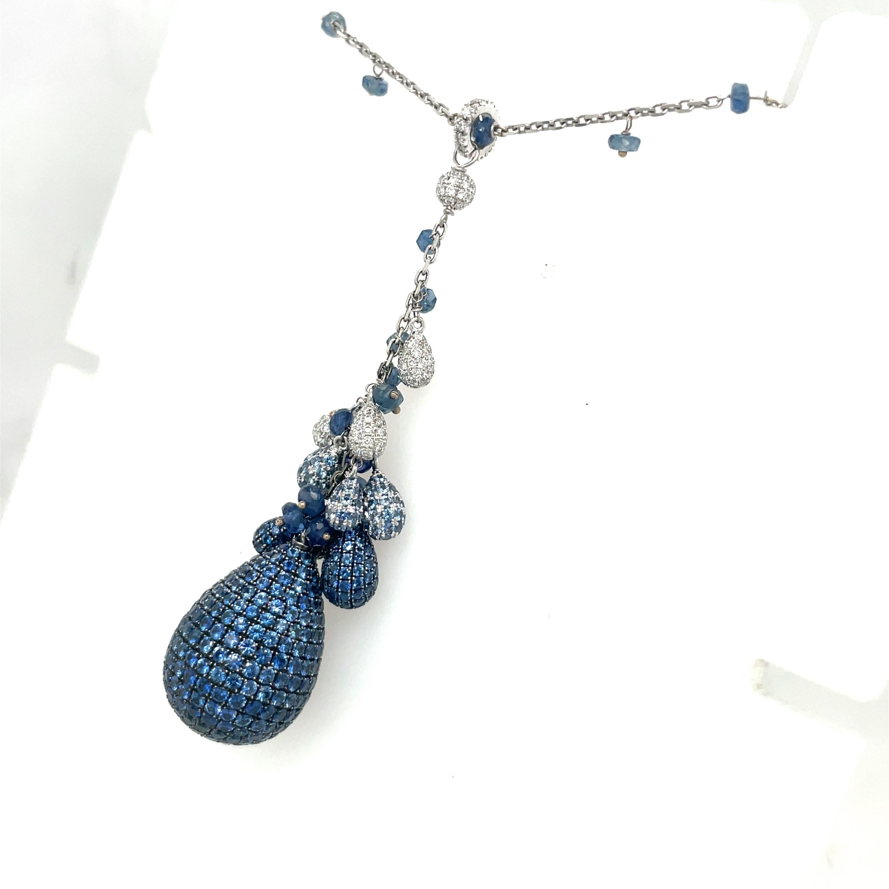 Round Cut Mariani 18 KT White Gold 12.96CT Blue Sapphire 1.02 CT Diamond Drop Necklace For Sale