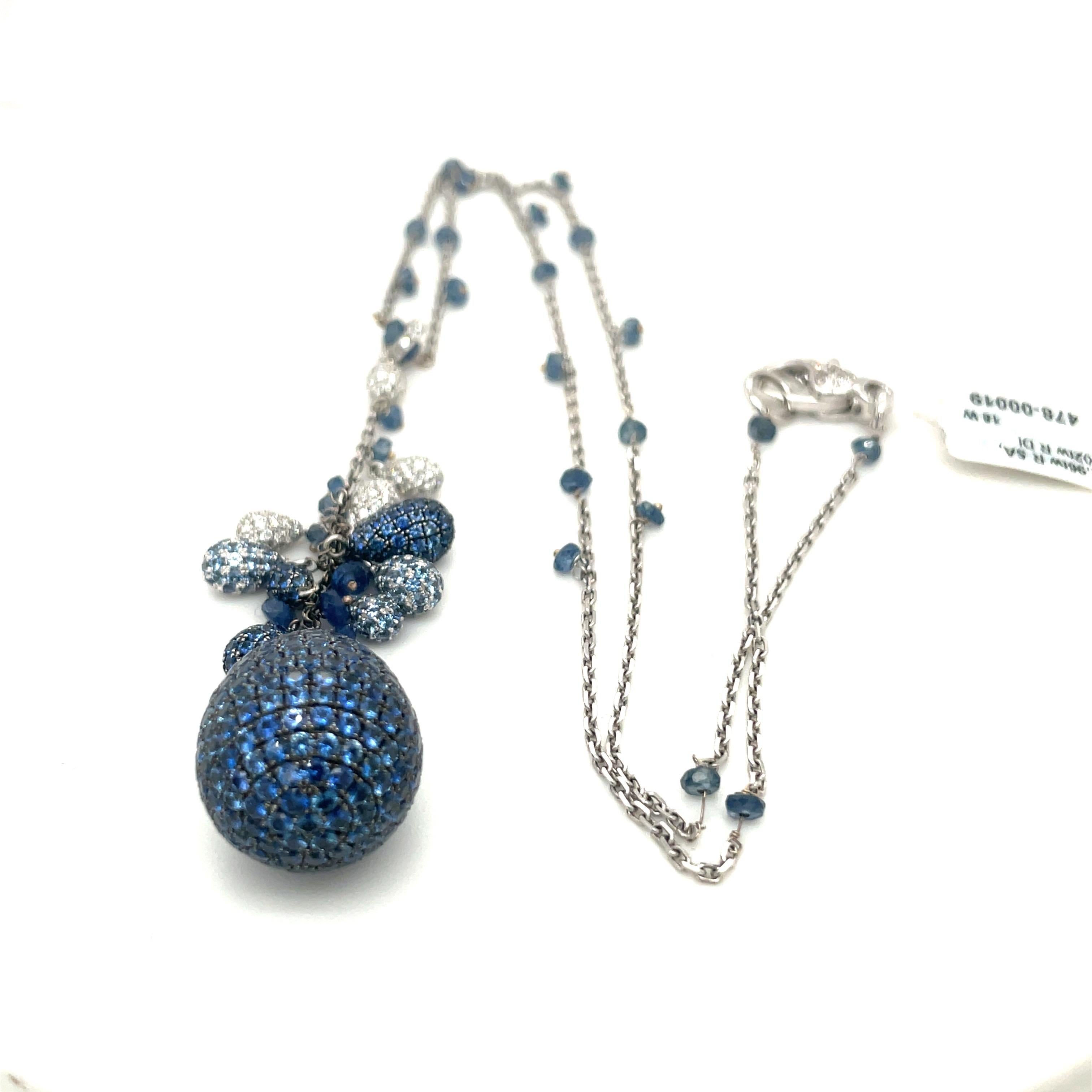 Round Cut Mariani 18 KT White Gold 12.96CT Blue Sapphire 1.02 CT Diamond Drop Necklace For Sale