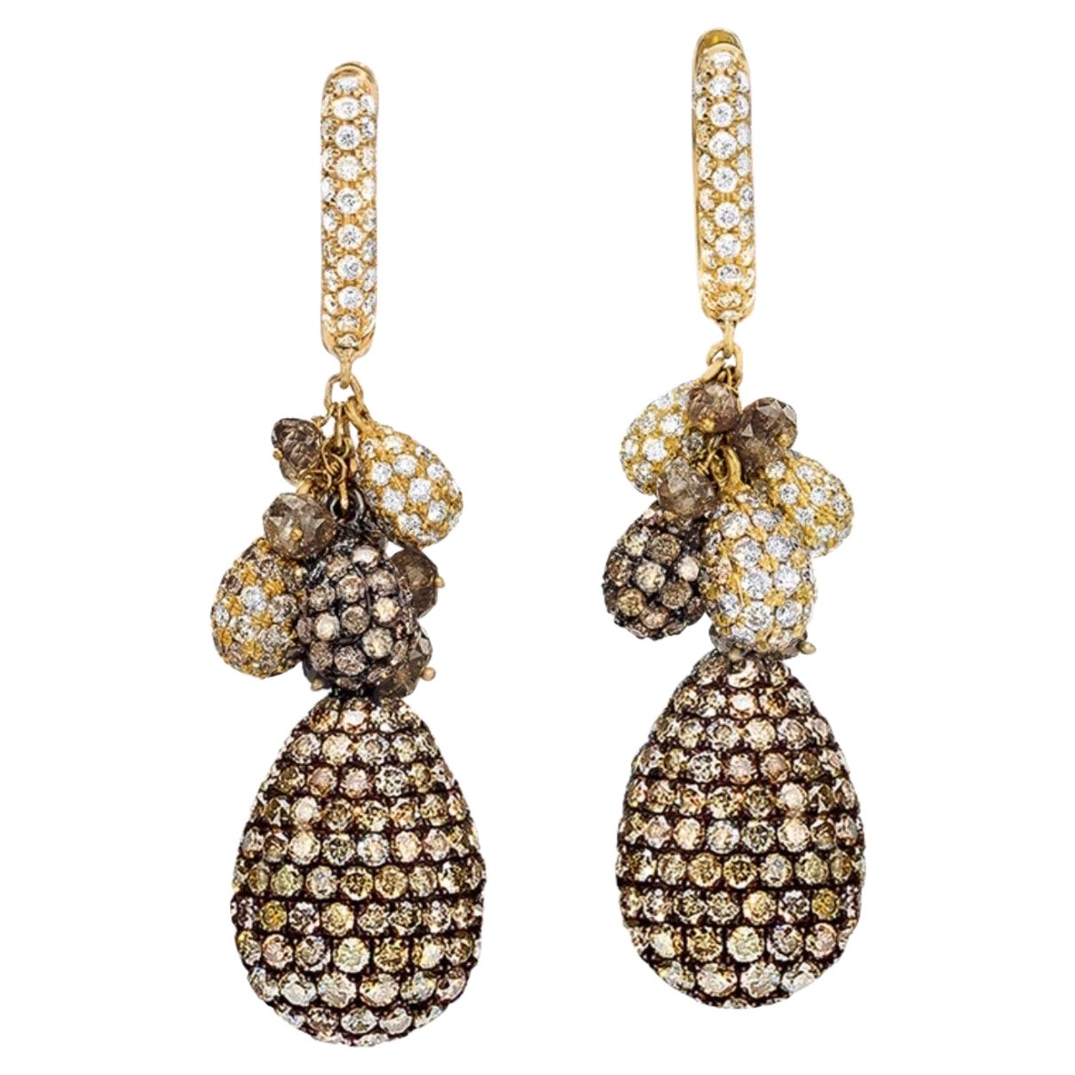 Mariani Boucles d'oreilles en goutte 18KT YG avec diamants bruns 4,44 carats et diamants blancs 1,89 carat en vente