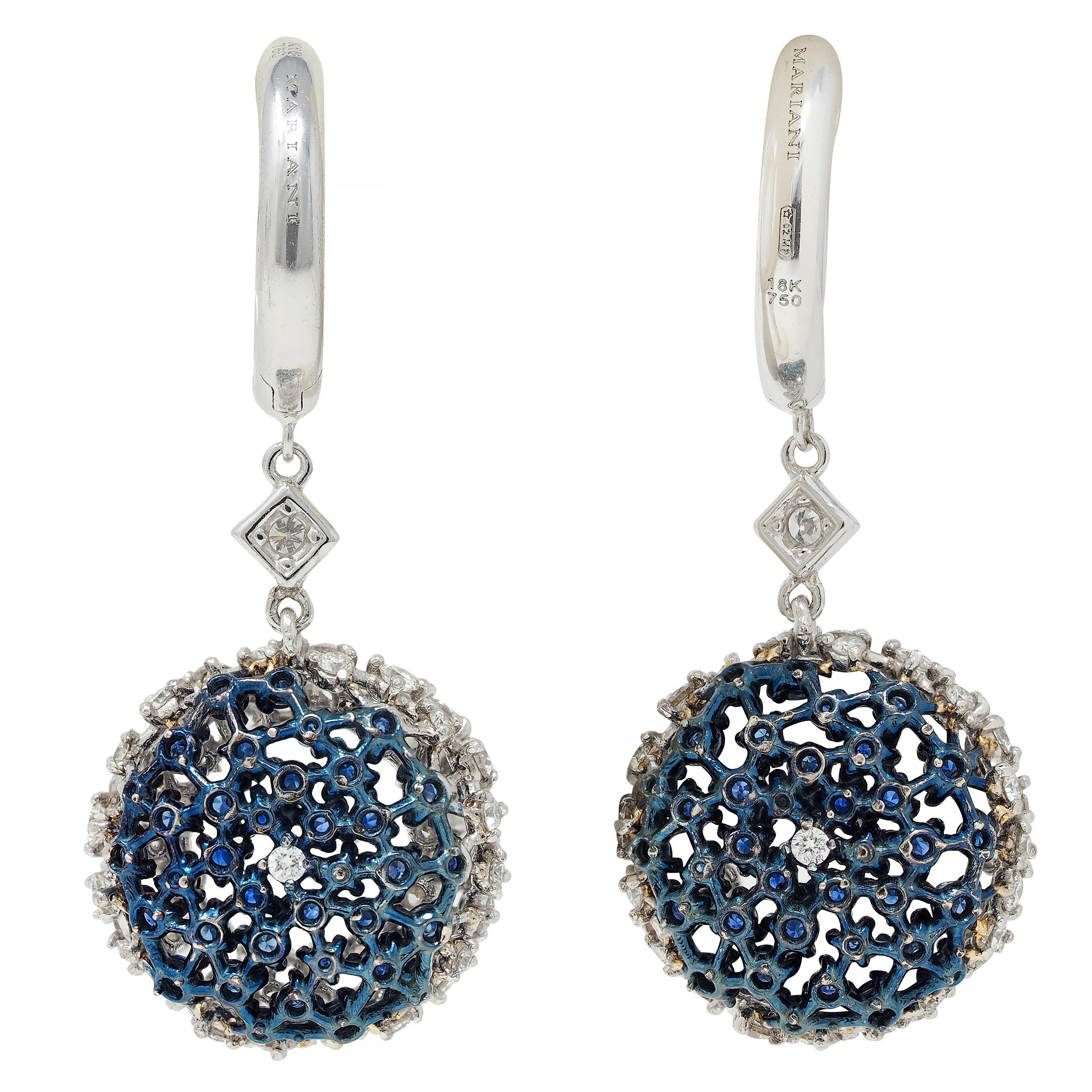 Mariani 3.68 CTW Zafiro Diamante 18K Oro Azul Rodio PonPon Pendientes Gota en Excelente estado para la venta en Philadelphia, PA