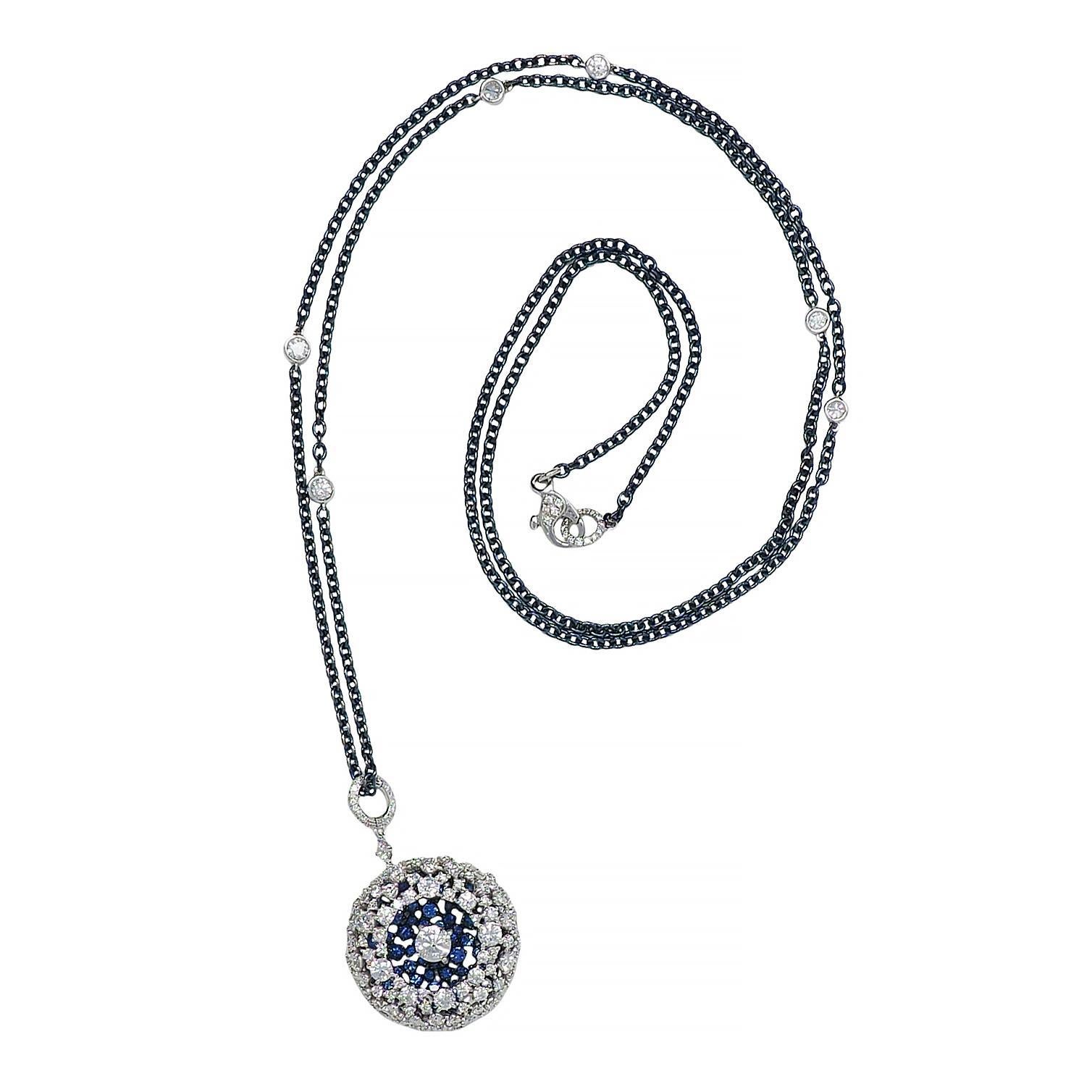Mariani 7.25 CTW Sapphire Diamond 18K Gold Blue Rhodium PonPon Pendant Necklace For Sale 7