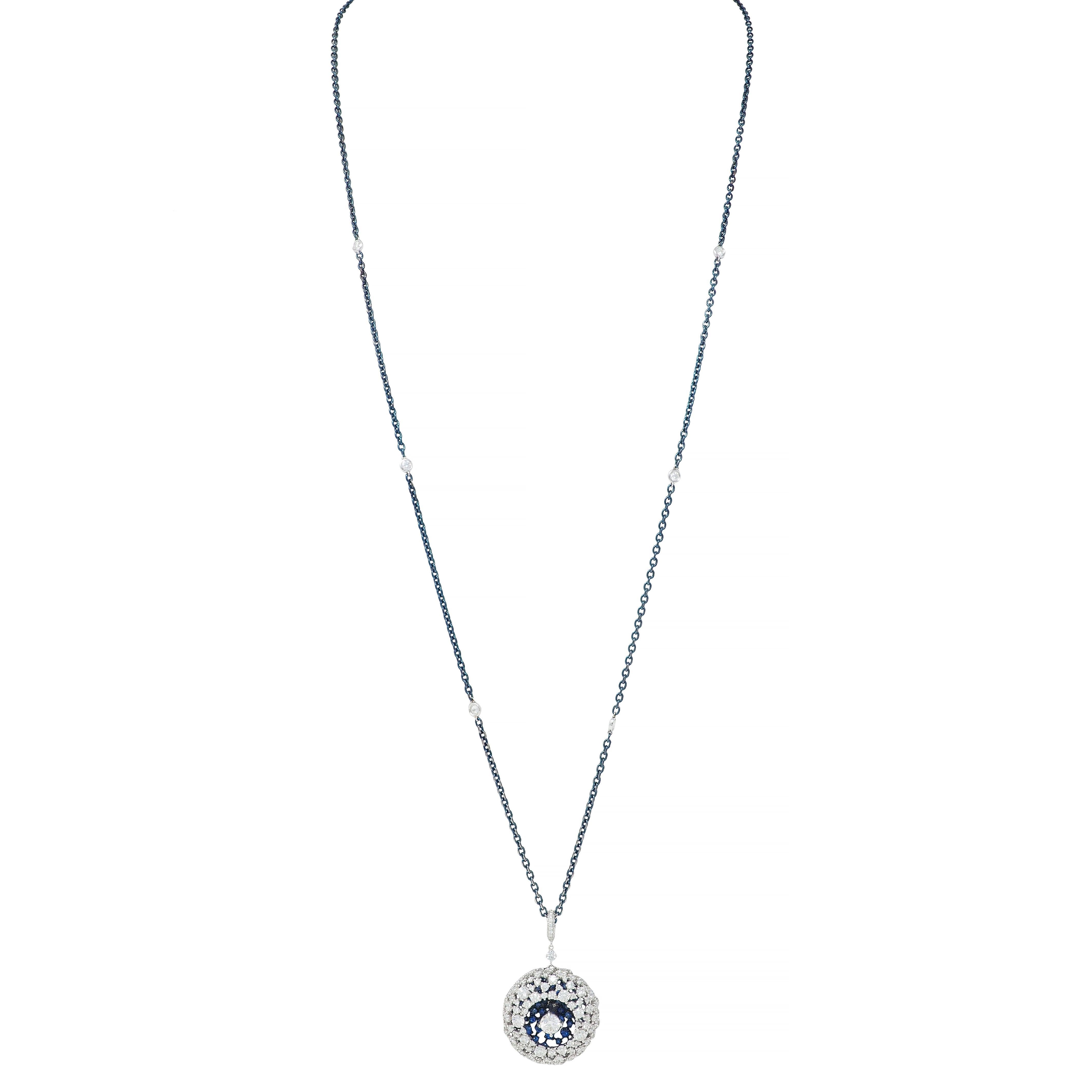 Mariani 7.25 CTW Sapphire Diamond 18K Gold Blue Rhodium PonPon Pendant Necklace In Excellent Condition For Sale In Philadelphia, PA
