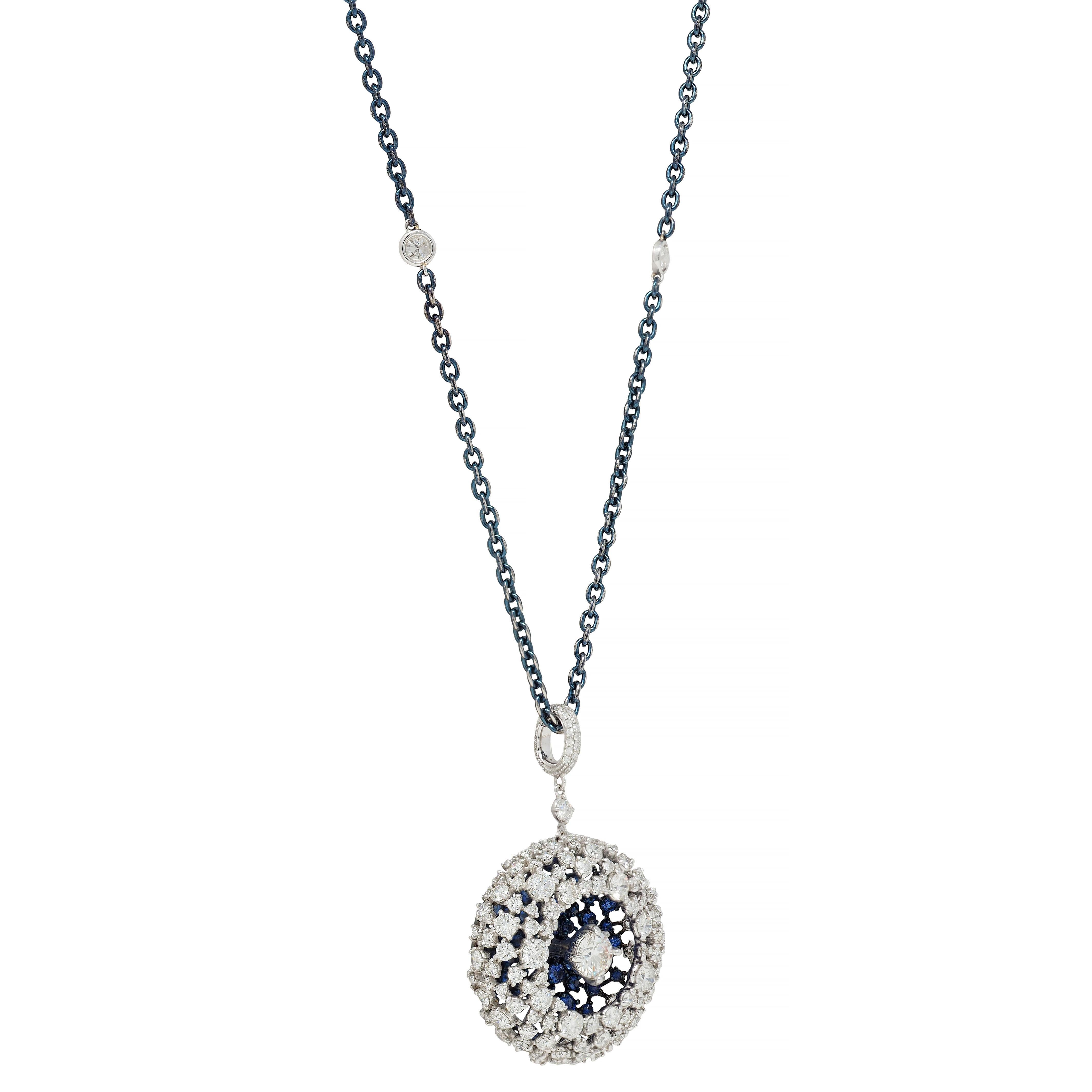 Women's or Men's Mariani 7.25 CTW Sapphire Diamond 18K Gold Blue Rhodium PonPon Pendant Necklace For Sale