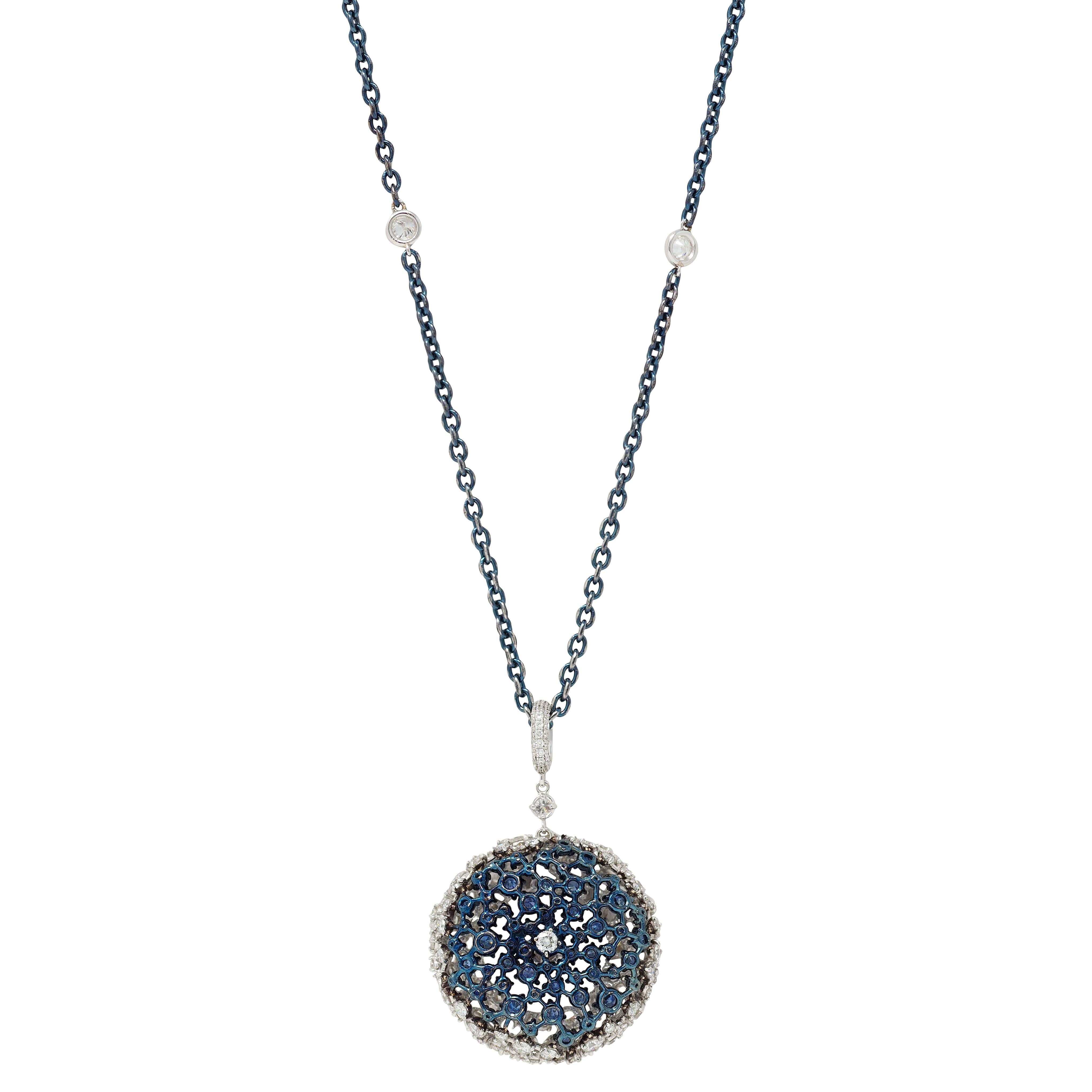 Mariani 7.25 CTW Sapphire Diamond 18K Gold Blue Rhodium PonPon Pendant Necklace For Sale 1