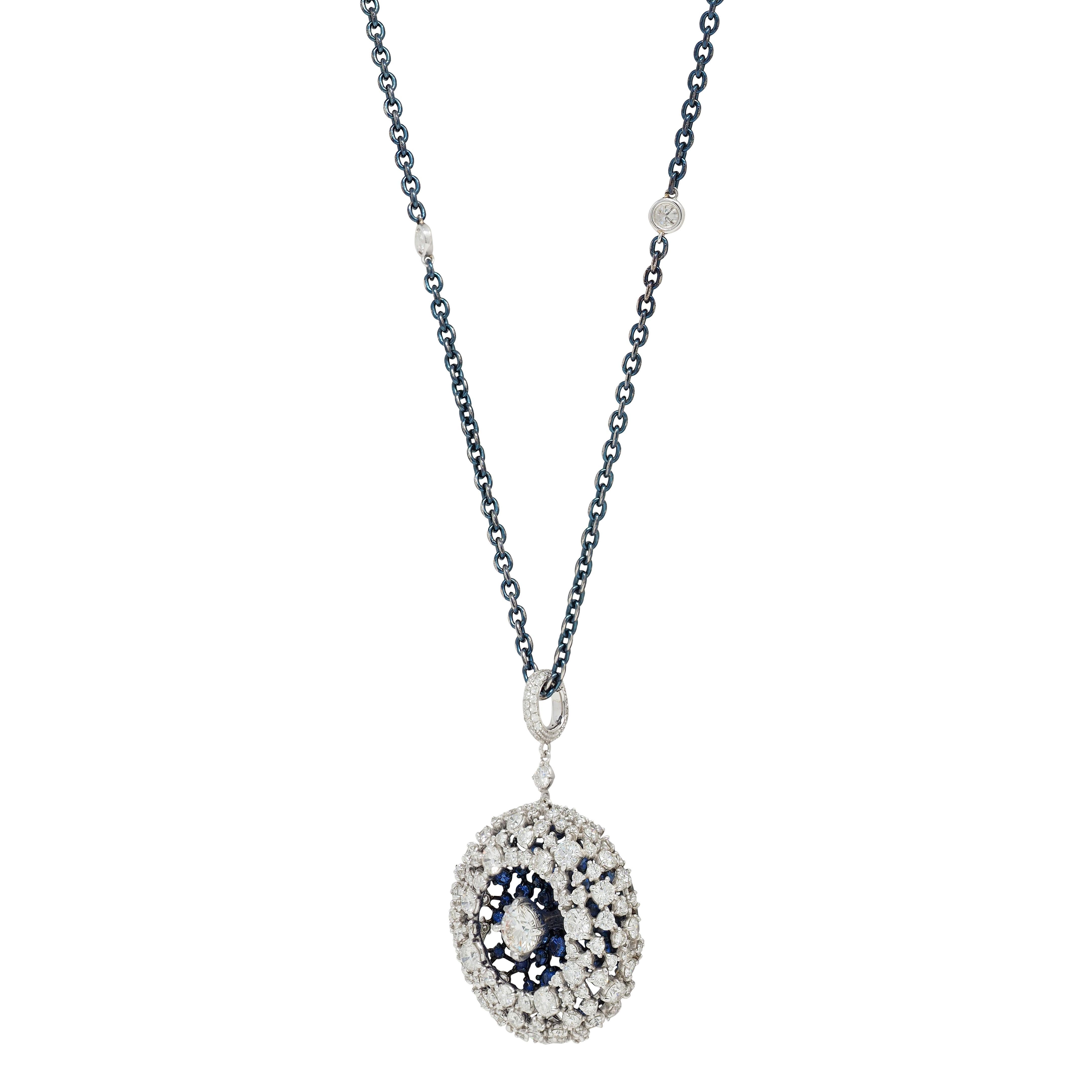 Mariani 7.25 CTW Sapphire Diamond 18K Gold Blue Rhodium PonPon Pendant Necklace For Sale 2