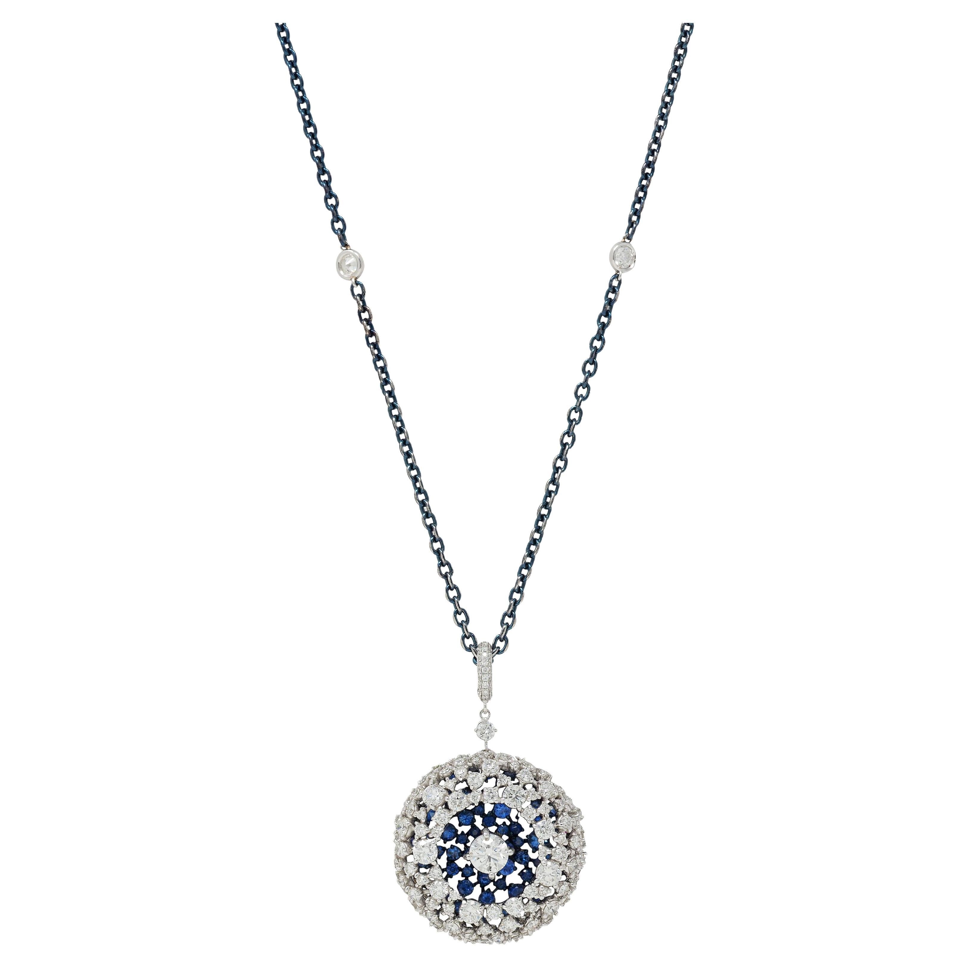 Mariani 7.25 CTW Sapphire Diamond 18K Gold Blue Rhodium PonPon Pendant Necklace