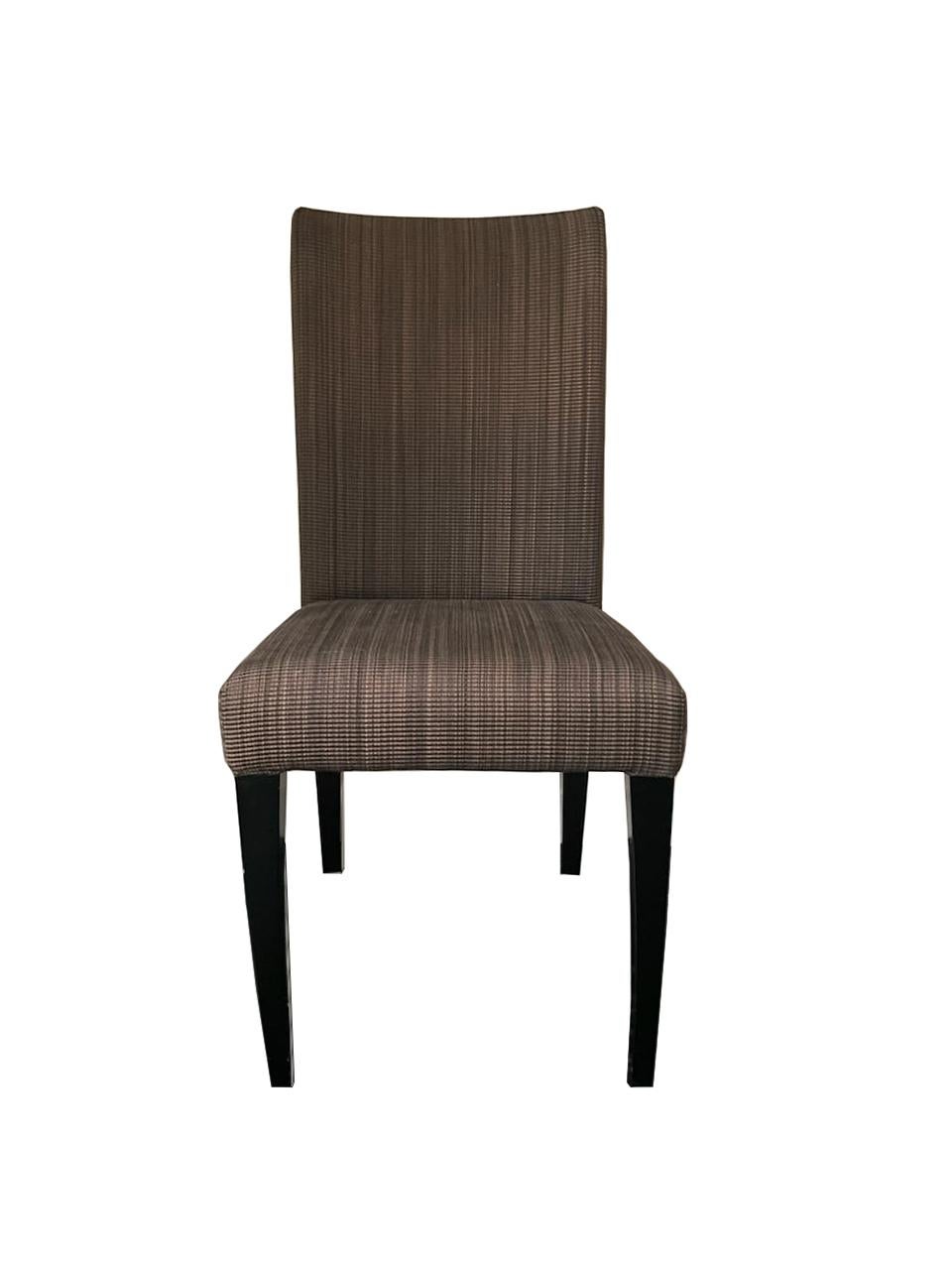 i4 Mariani for Pace Collection
Set of 6 Side Chairs

Made in Italy by i4 Mariani, linear tweed fabrication in multiple shades of warm grayish-taupe fabric upholstery over black ebonized gloss wooden legs. A streamlined modern body with tapered