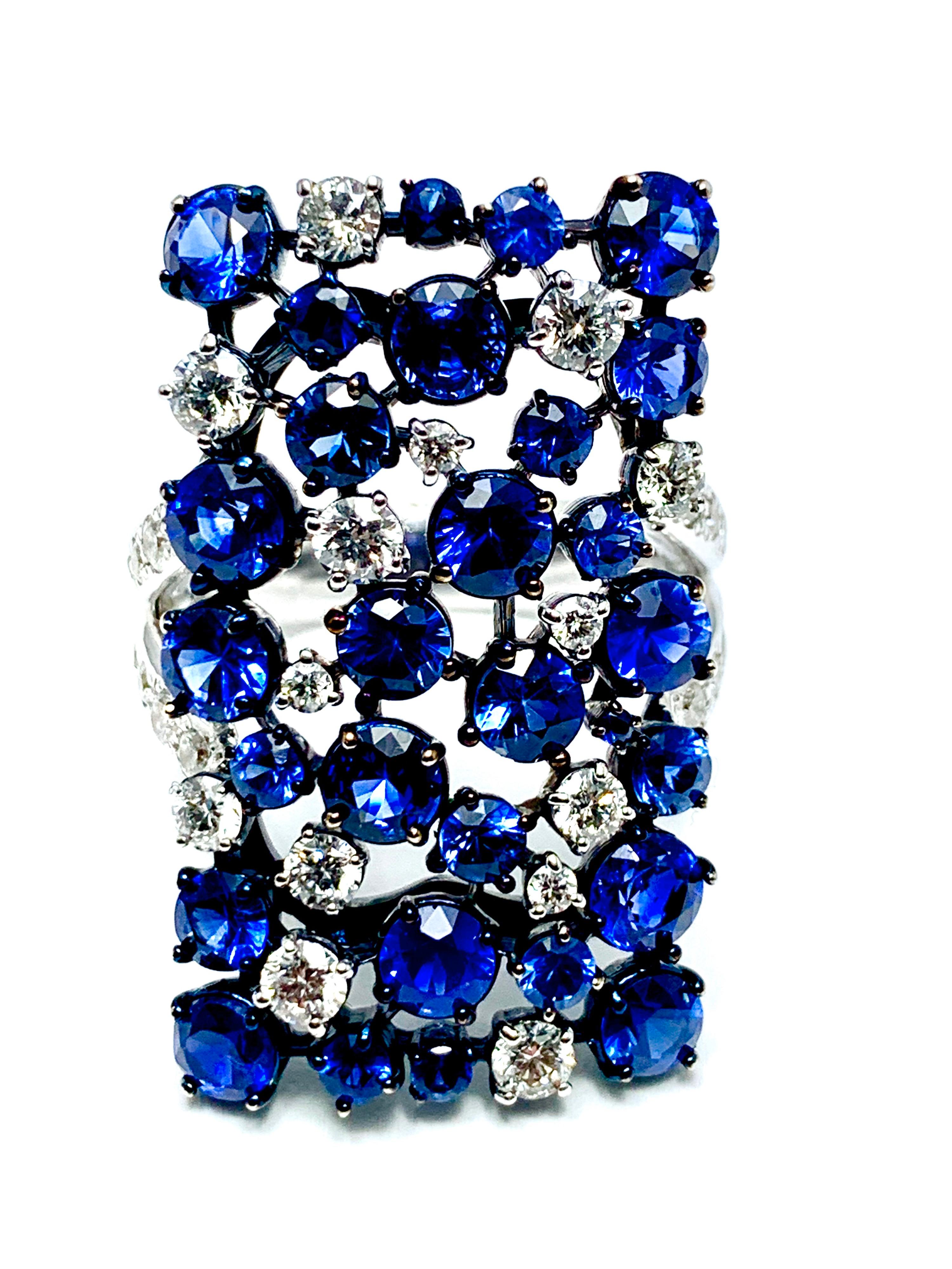 Modern Mariani Manhattan Sapphire and Diamond Ring in 18 Karat Blue and White Gold