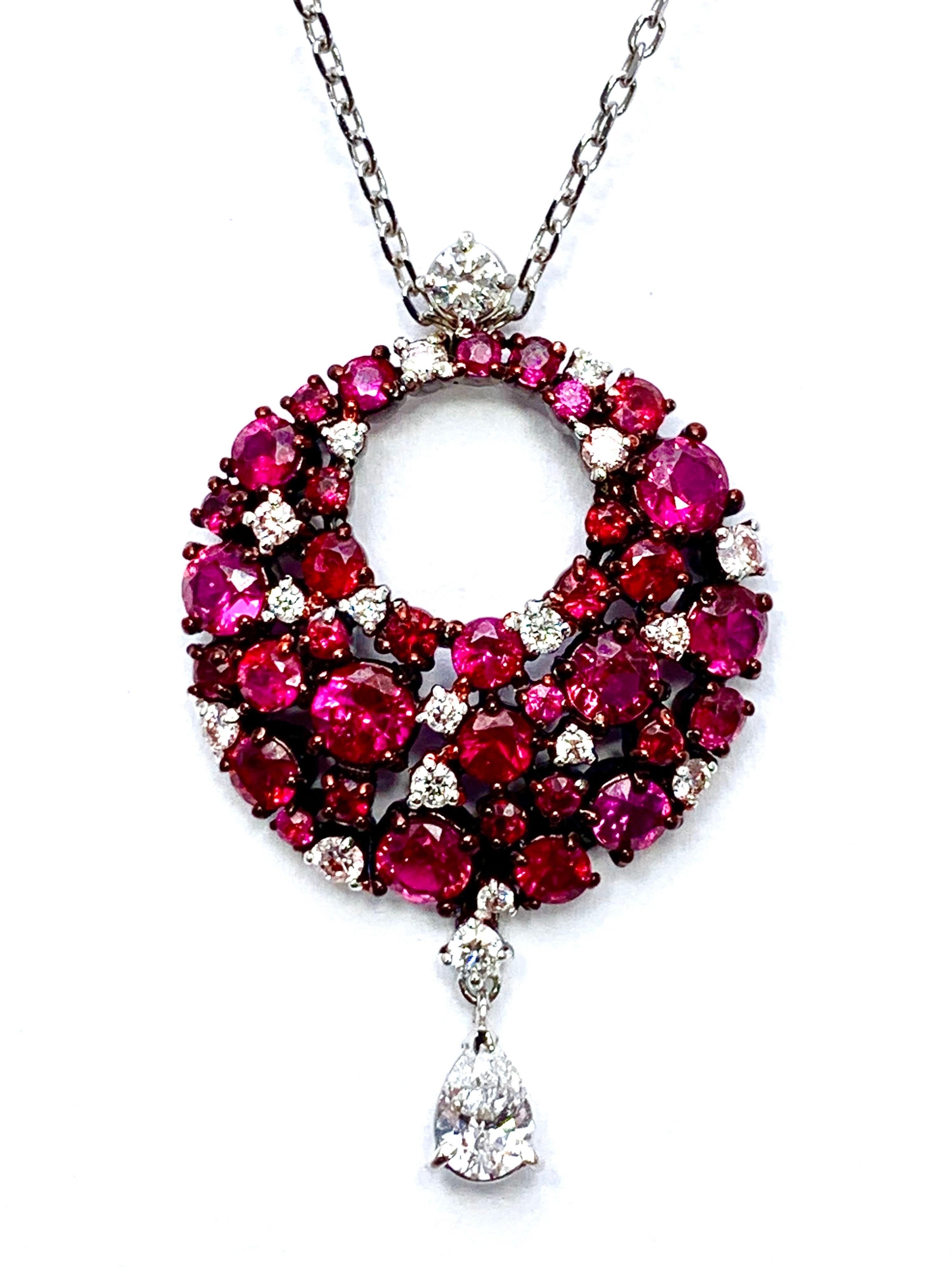 Round Cut Mariani Ruby and Diamond White and Red Gold Eclipse Pendant