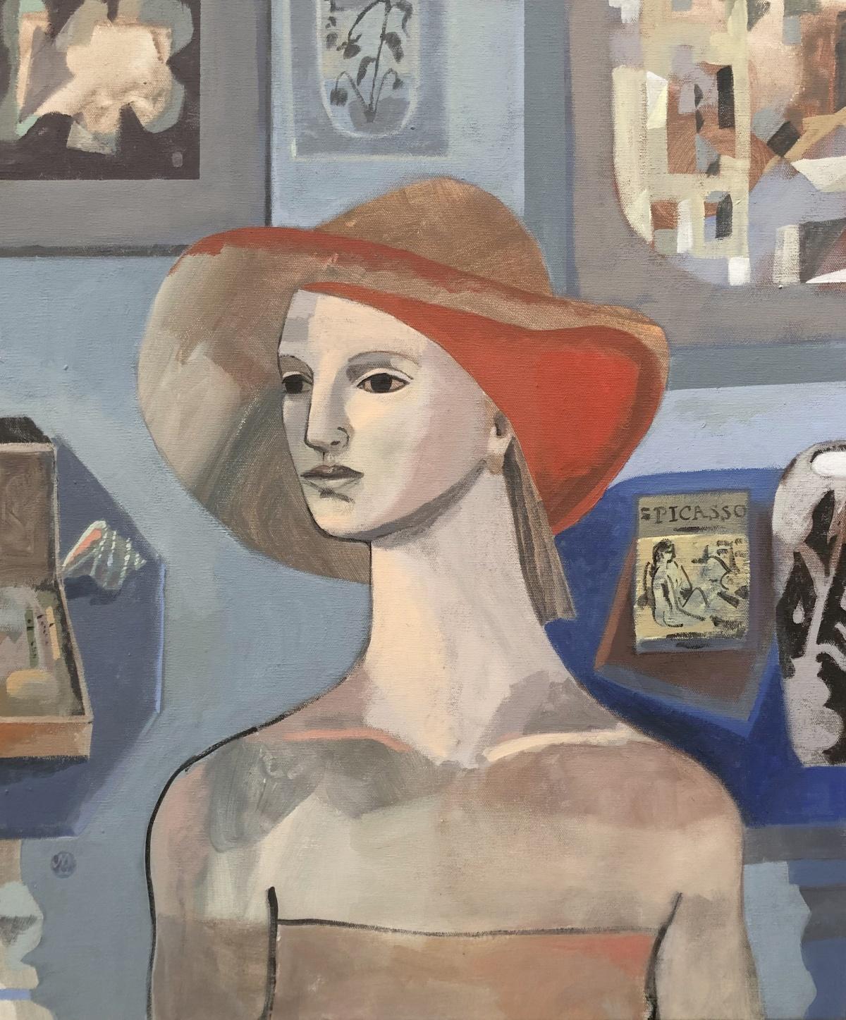 Frau mit rotem Hut - Originales zeitgenössisches Acrylgemälde eines polnischen Künstlers