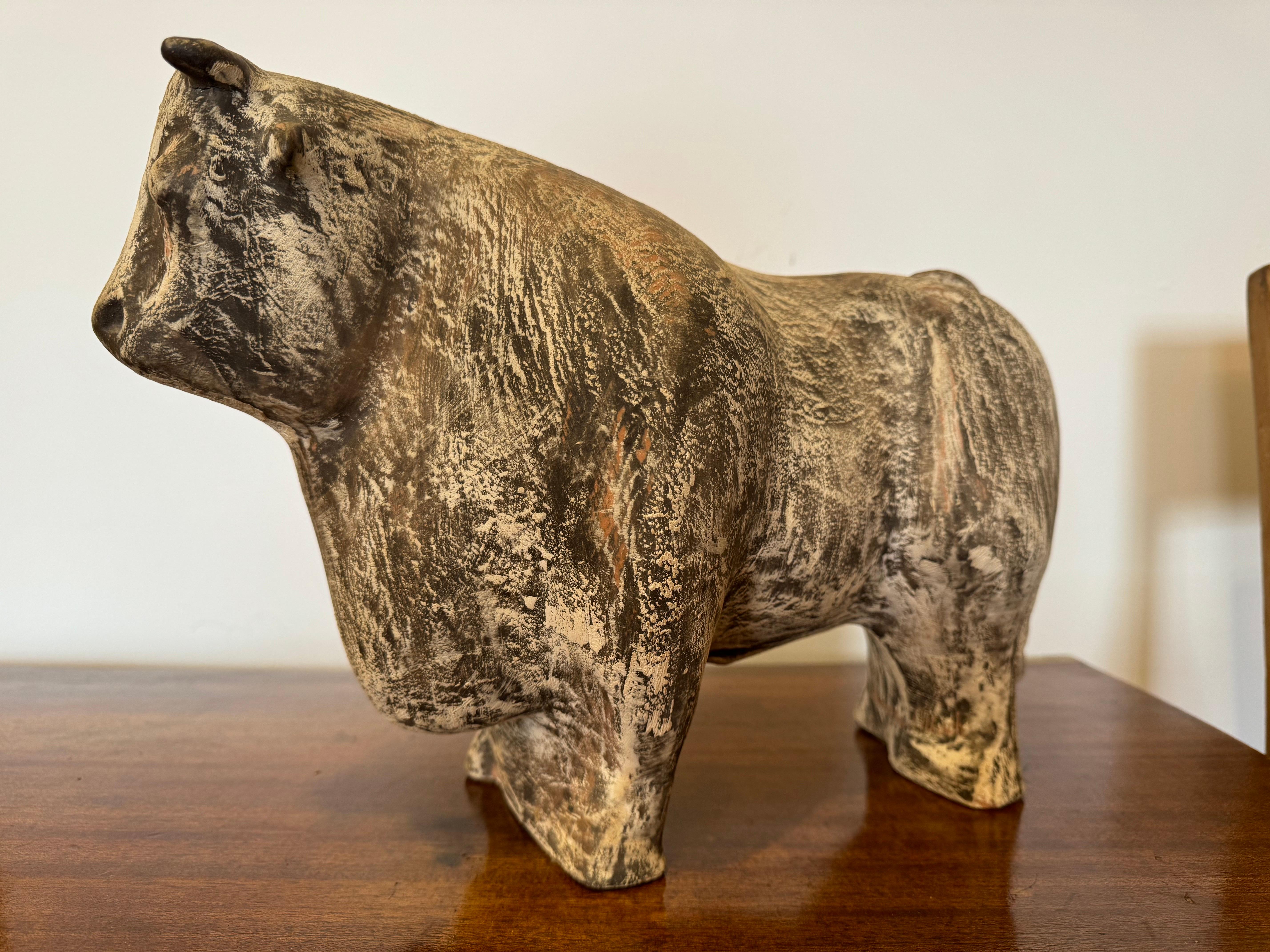 A wonderful hand thrown and painted bull sculpture by famed American artist, Marianna von allesch . Signed 
Biography:

Marianna von Allesch was born Maria Anna Steudel  in Germany.
Von Allesch emigrated to the United States in 1928 and by the late