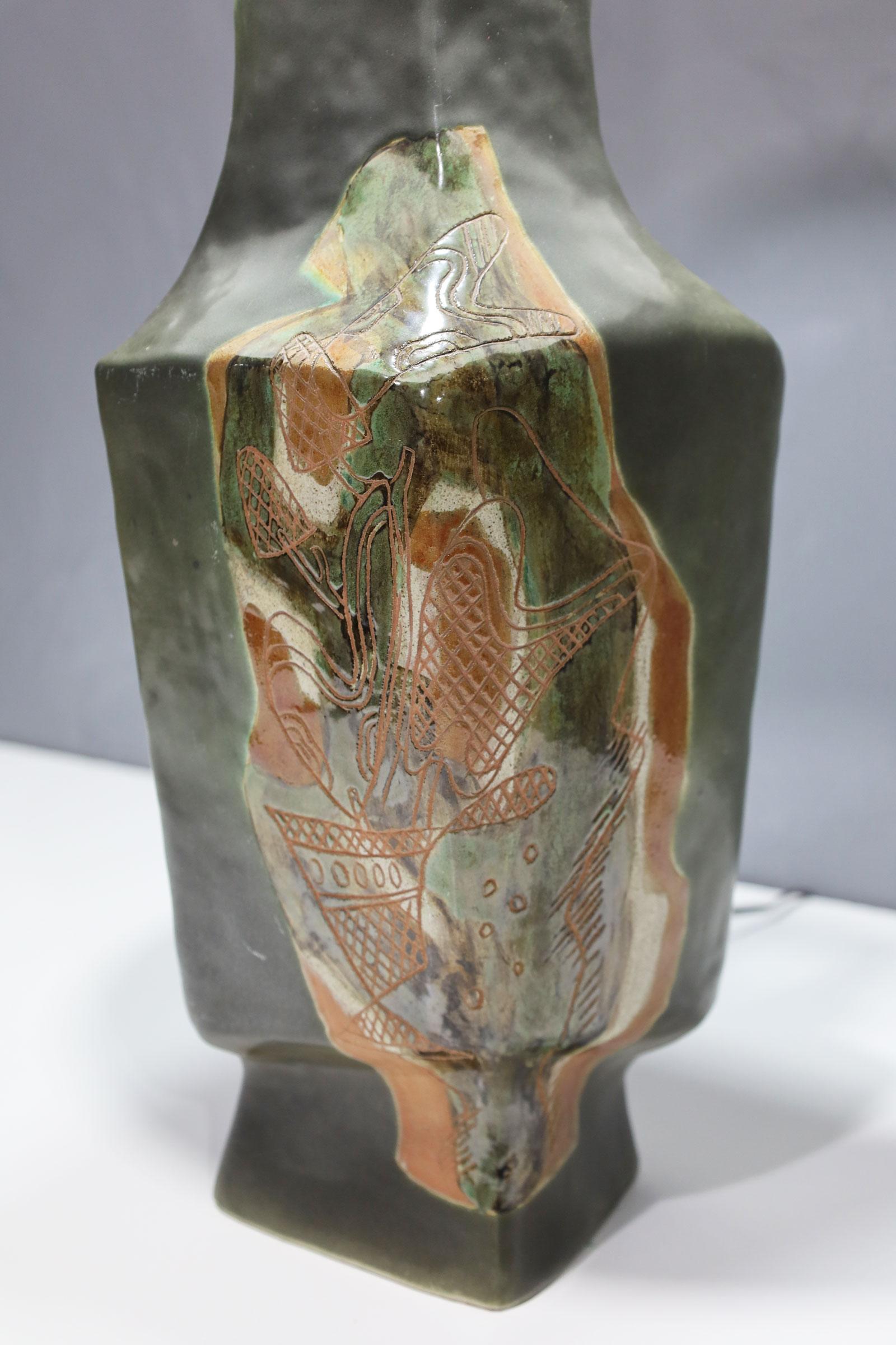 Mid-Century Modern Marianna von Allesch Ceramic Table Lamp with Etching on Two Corners, Signed