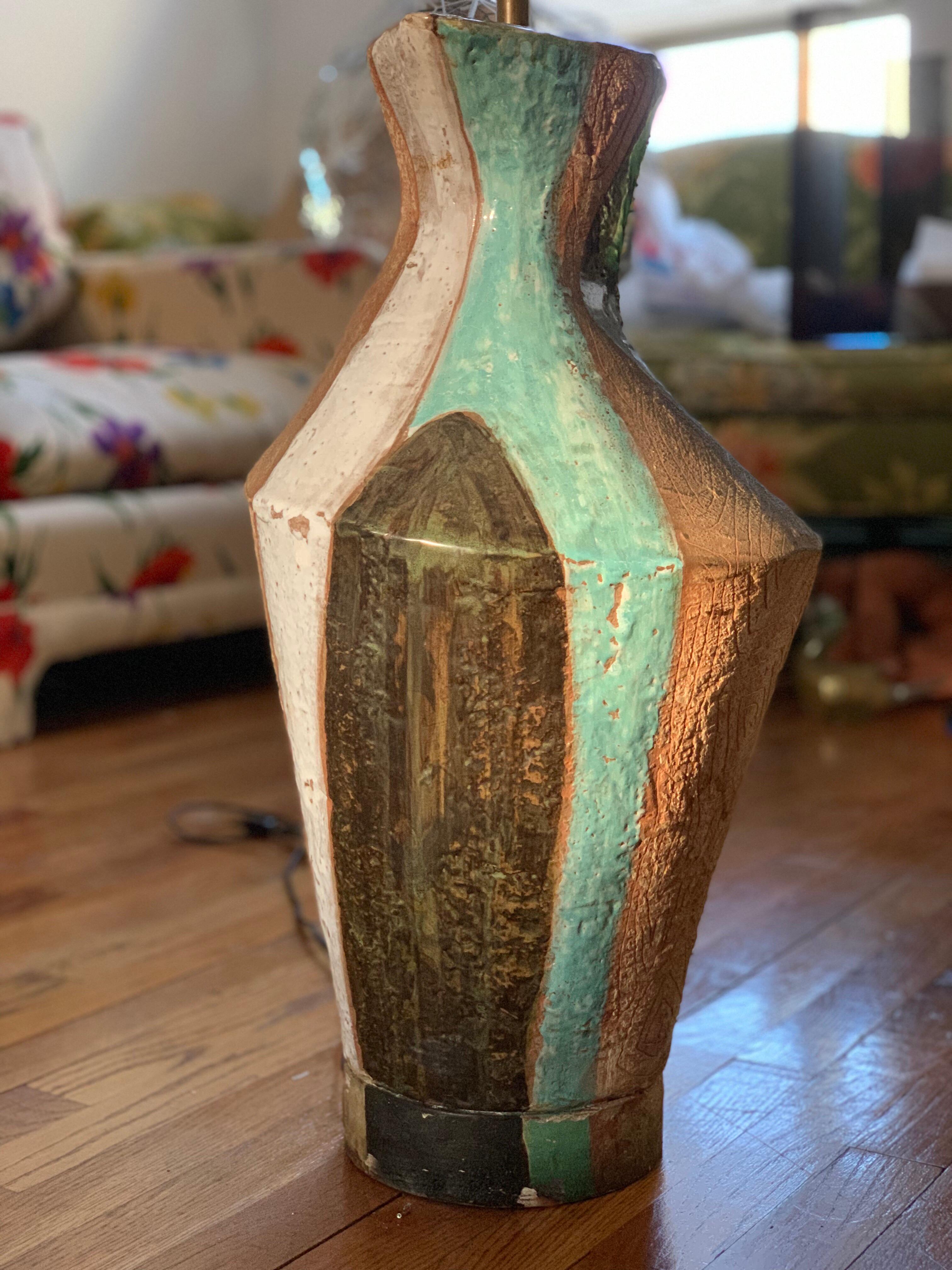 Stunning Marianna von Allesch modern ceramic table lamp with original custom shade, circa 1948. Exceptional form and color. Single owner, commissioned directly from artist for a Brooklyn estate. This lamp was designed along with another one to frame