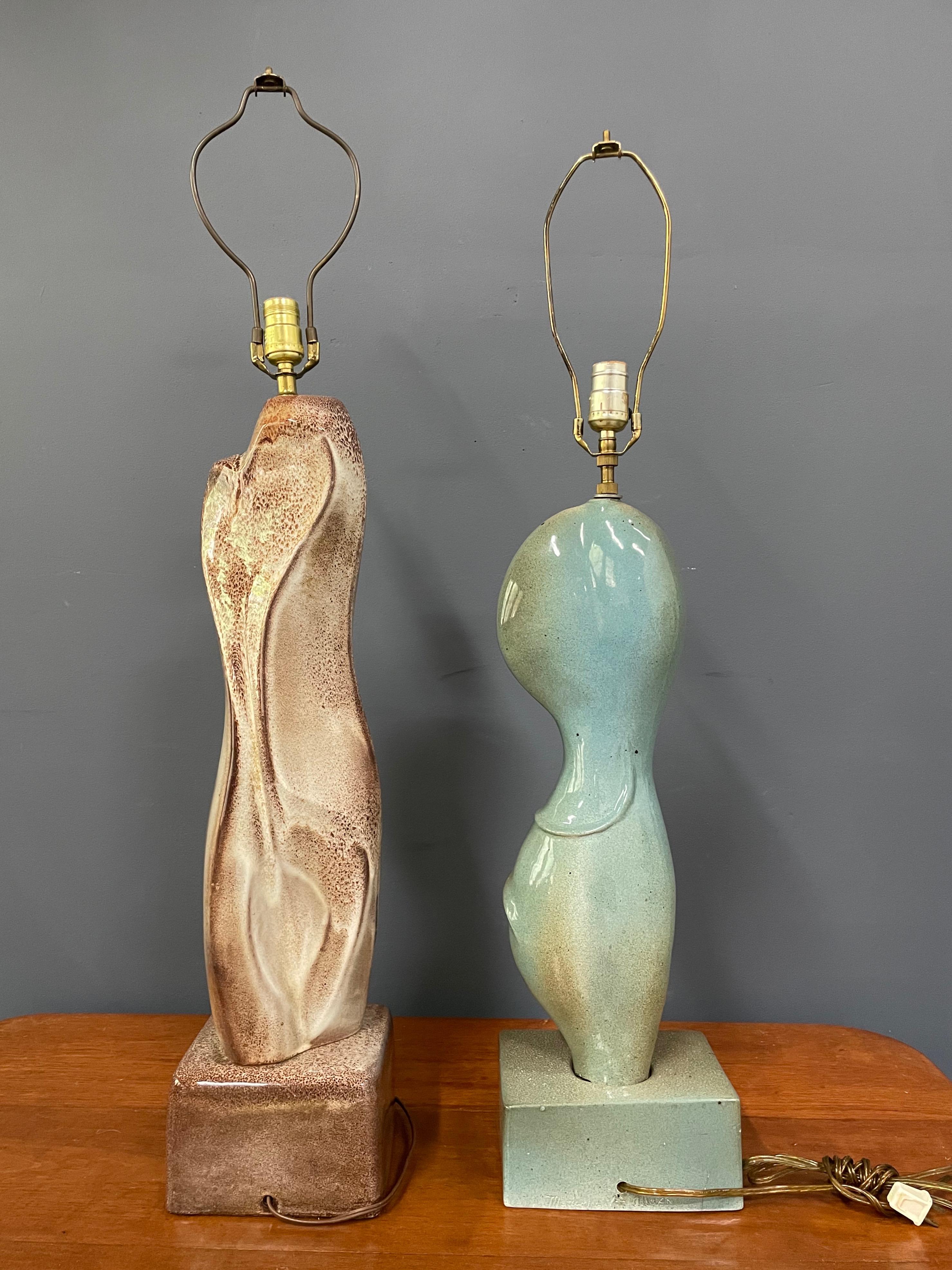 Marianna von Allesch Pair of Complimentary Ceramic Mid Century Table Lamps In Good Condition In Philadelphia, PA