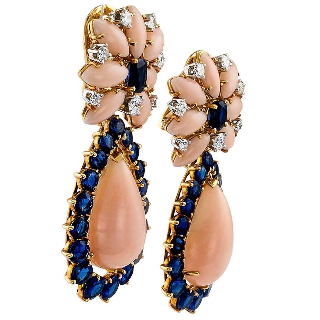 Modern Marianne Ostier 1960s Coral Diamond Sapphire Earrings