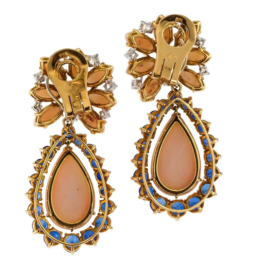 Marianne Ostier 1960s Coral Diamond Sapphire Earrings In Excellent Condition In Los Angeles, CA