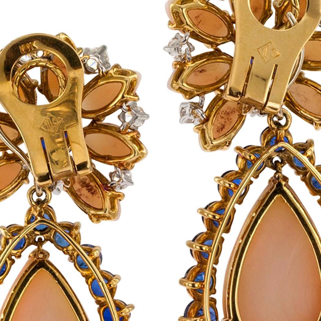 Marianne Ostier 1960s Coral Diamond Sapphire Earrings 1