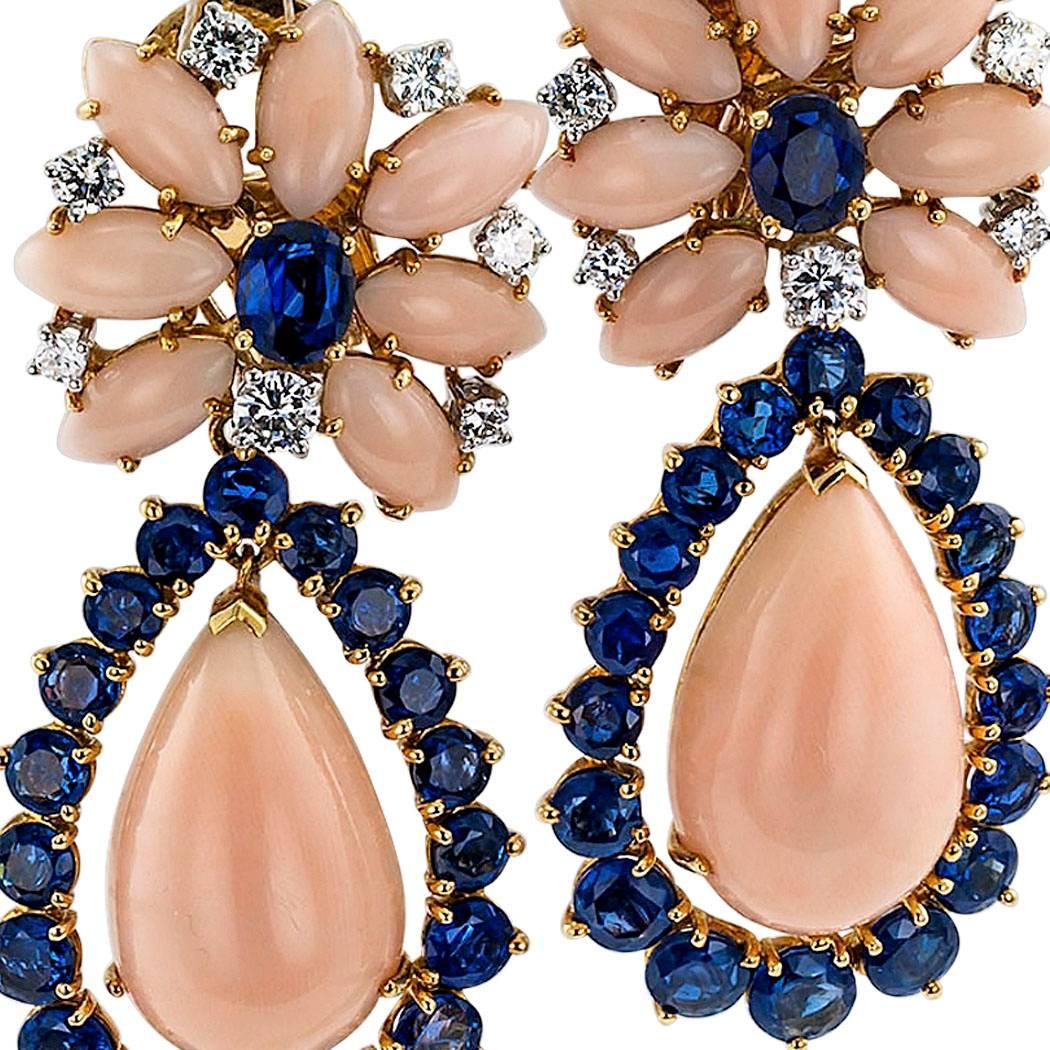 Marianne Ostier 1960s Coral Diamond Sapphire Earrings 2