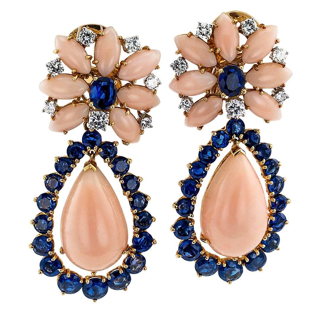 Marianne Ostier 1960s Coral Diamond Sapphire Earrings