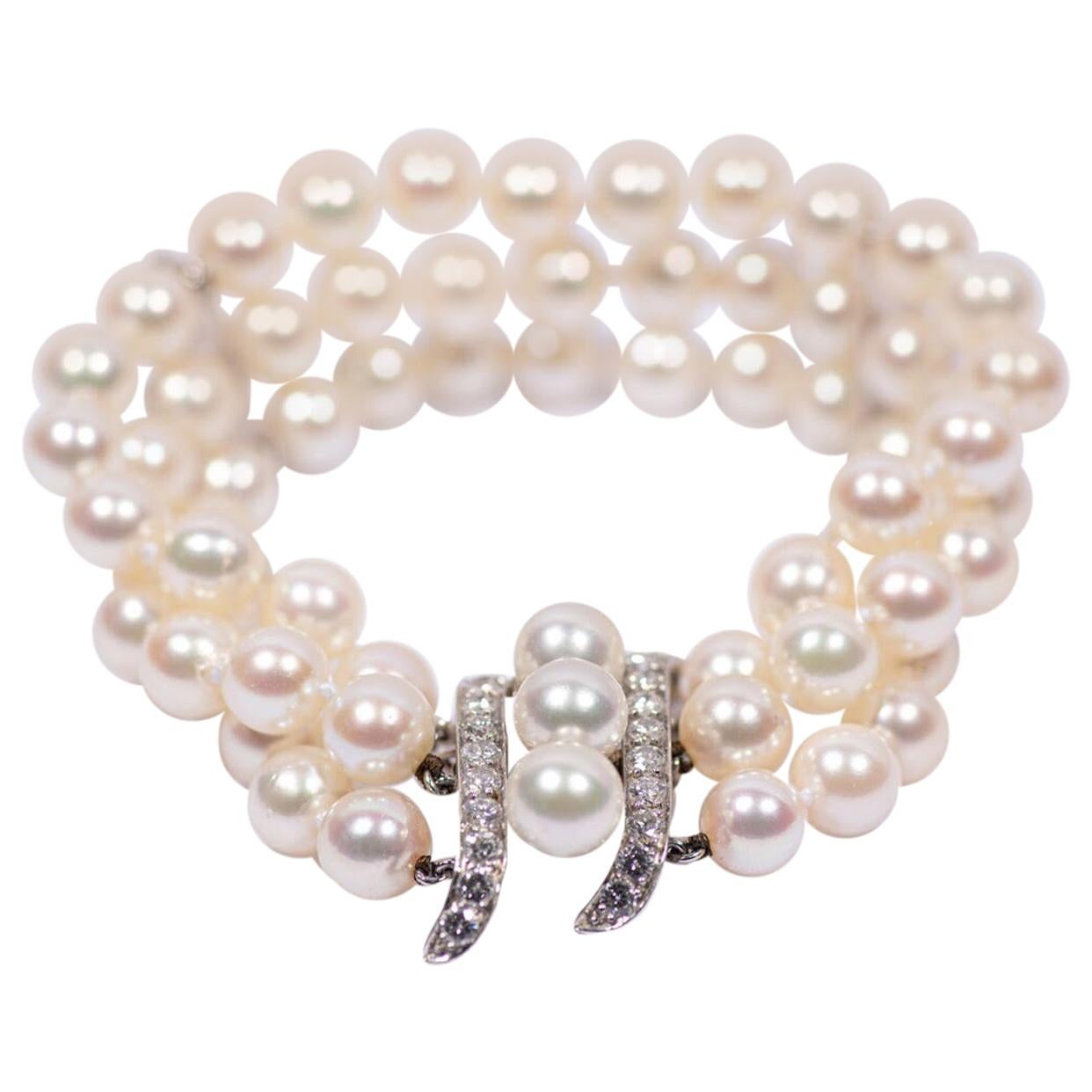 Marianne Ostier Bracelet en or blanc à 3 rangs de perles Akoya et diamants en vente