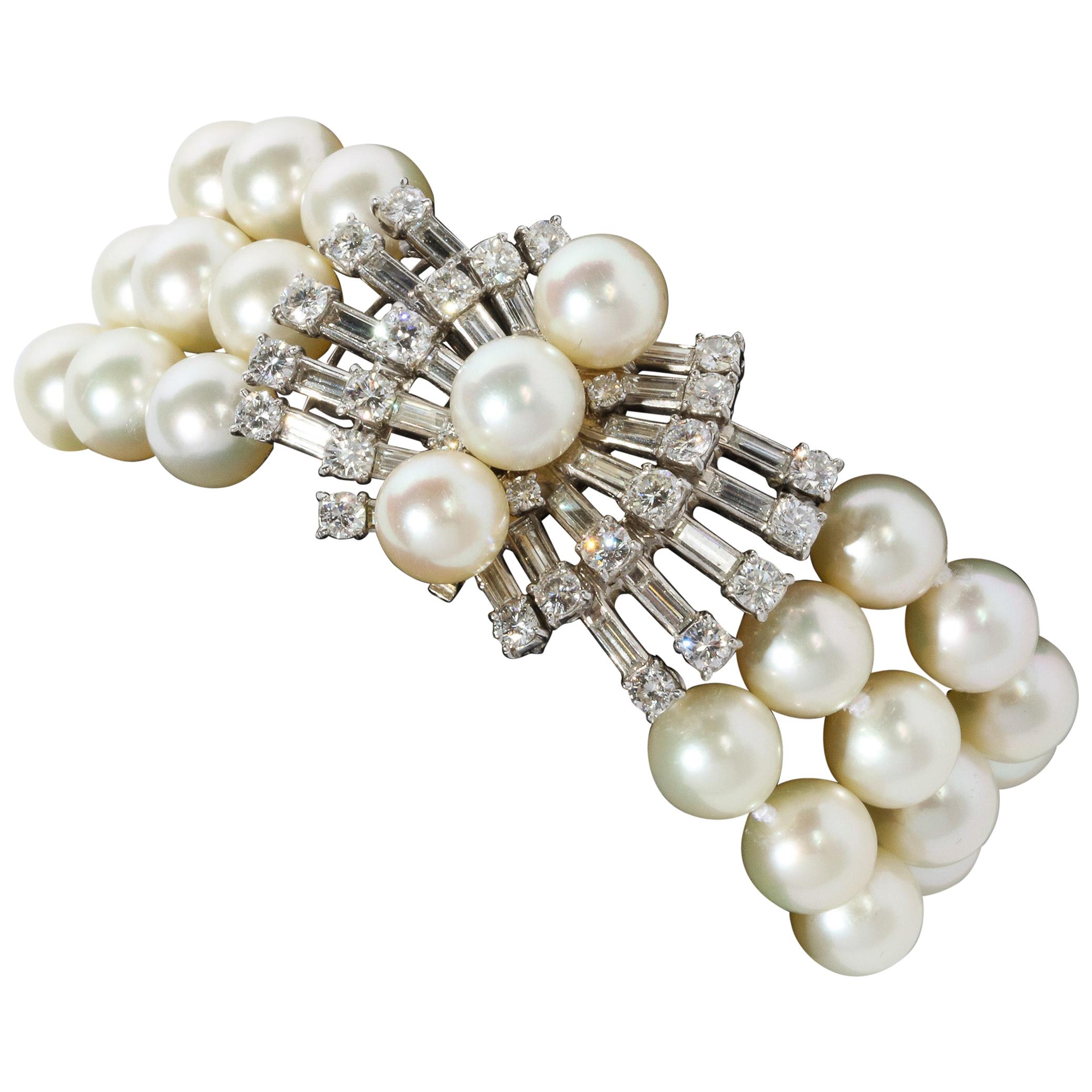 Marianne Ostier Triple Strand Cultured Pearls Bracelet w/ 5 Karat Diamond Clasp