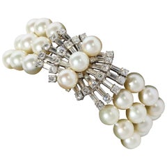 Vintage Marianne Ostier Triple Strand Cultured Pearls Bracelet w/ 5 Karat Diamond Clasp