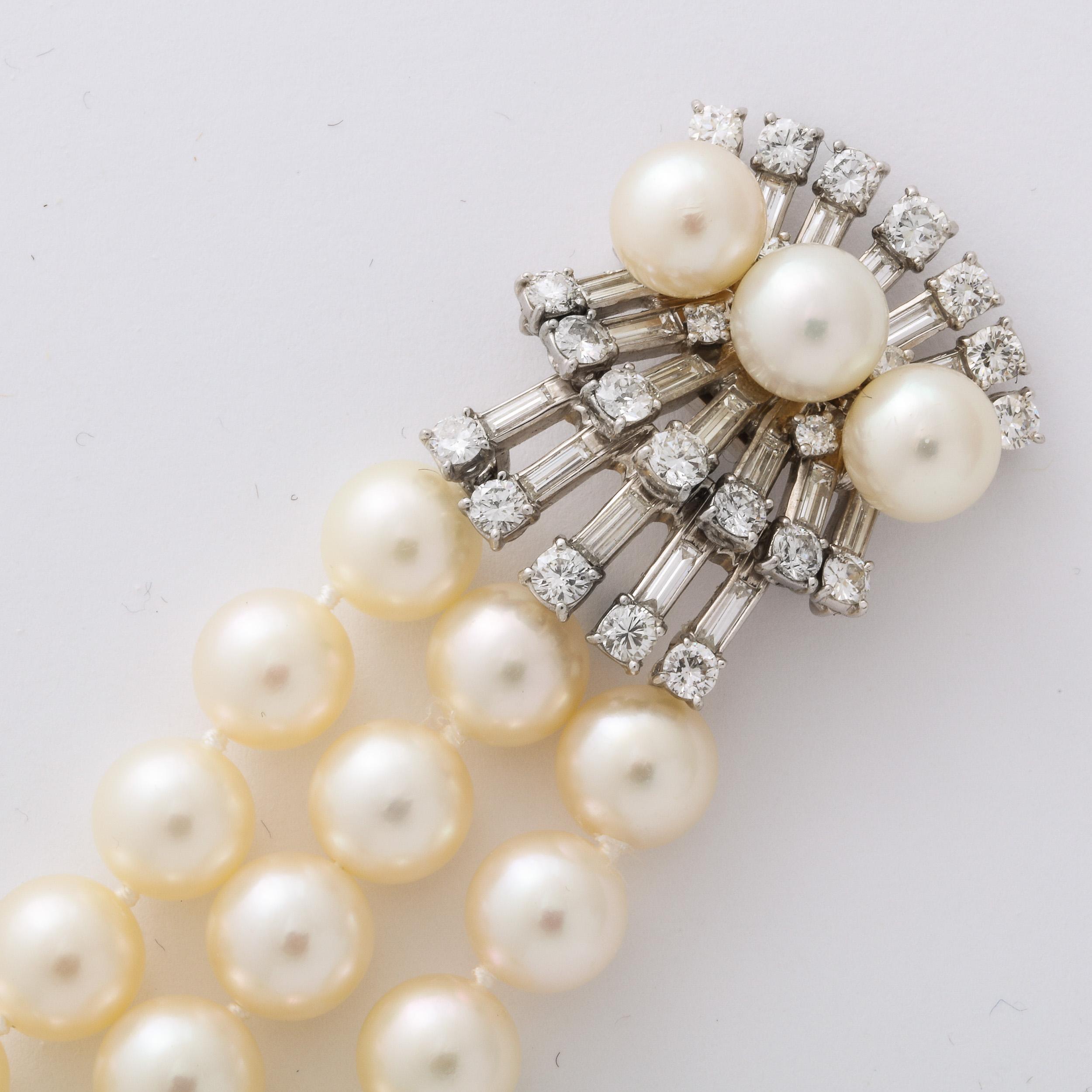 Marianne Ostier Triple Strand Cultured Pearls Bracelet w/ 5 Karat Diamond Clasp 1