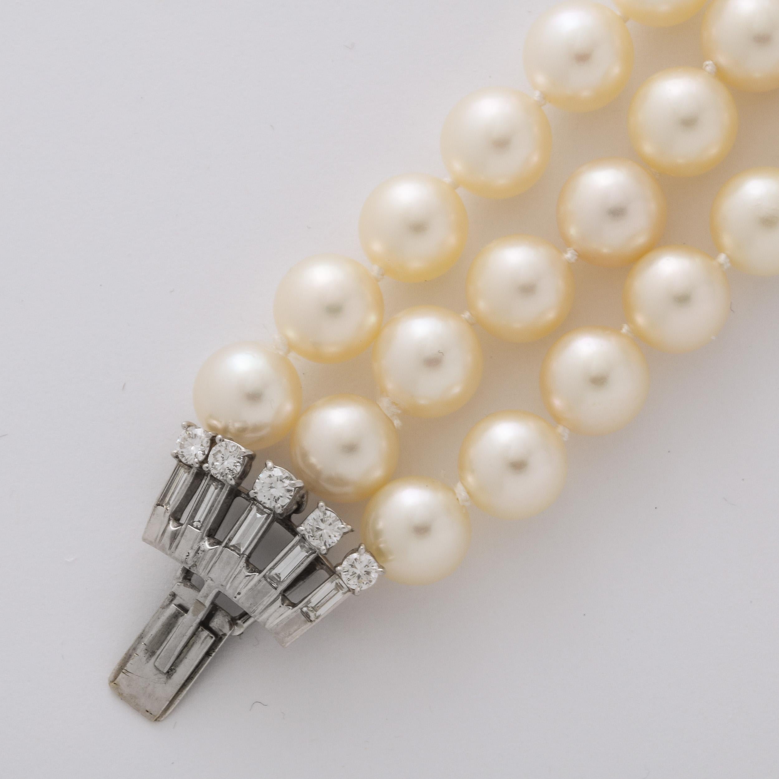Marianne Ostier Triple Strand Cultured Pearls Bracelet w/ 5 Karat Diamond Clasp 2