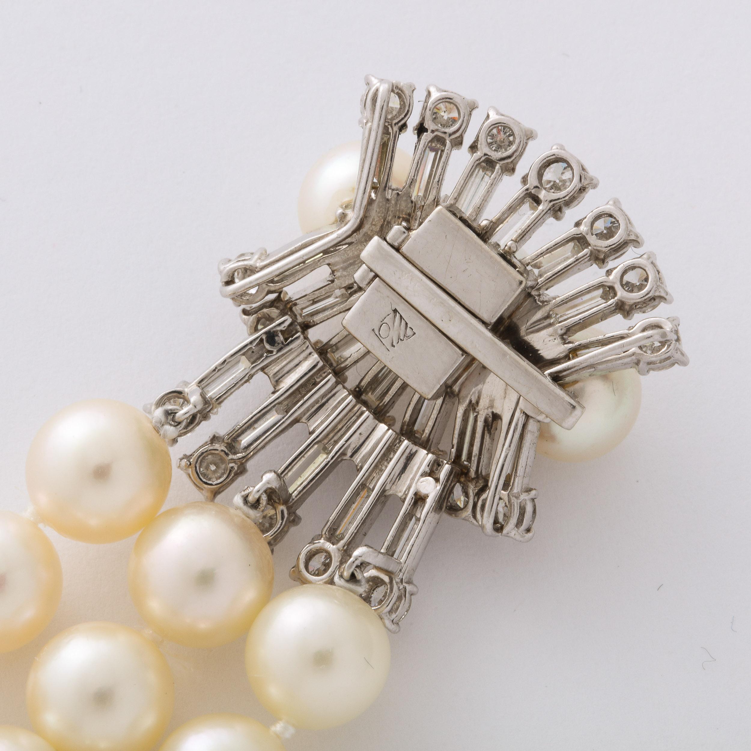 Marianne Ostier Triple Strand Cultured Pearls Bracelet w/ 5 Karat Diamond Clasp 3