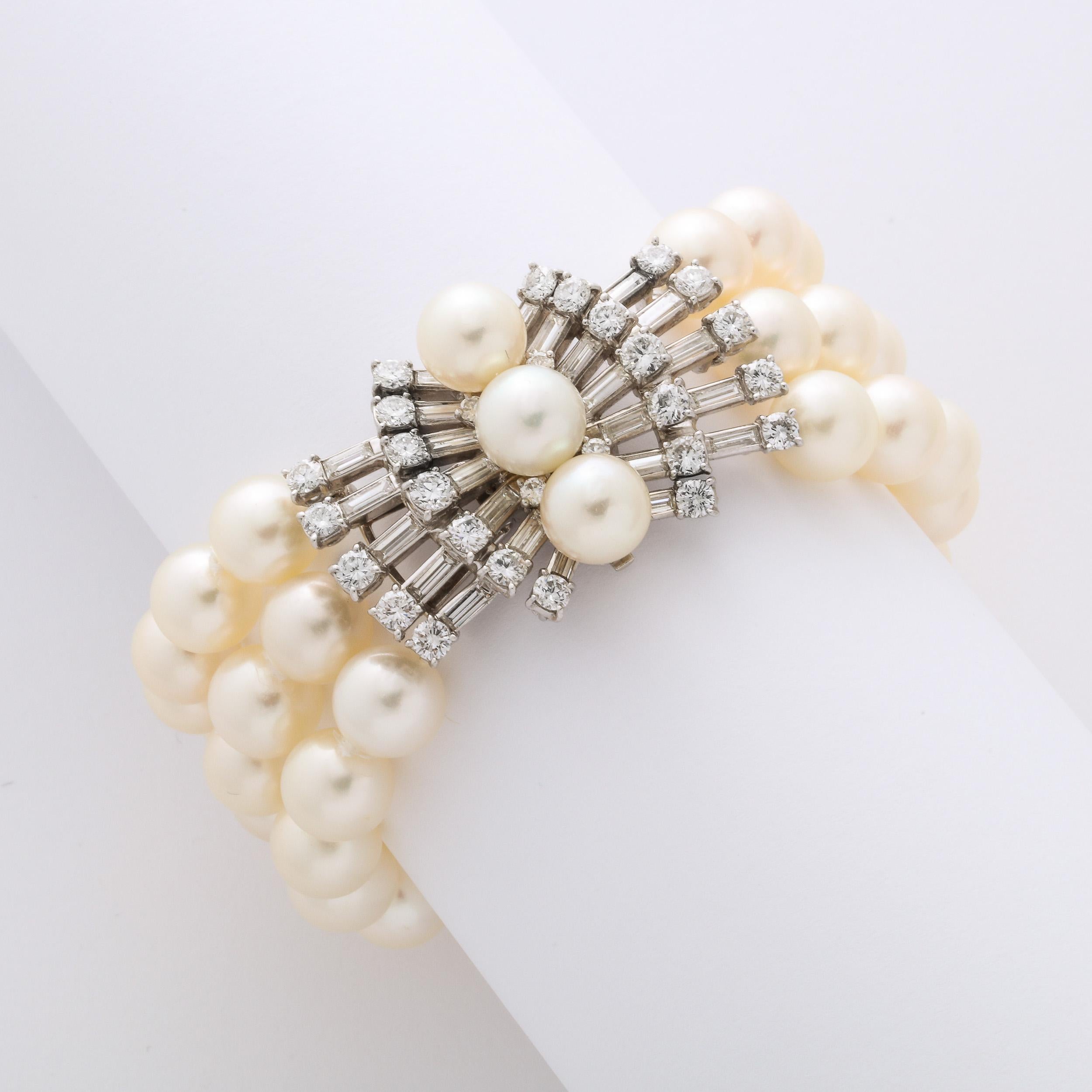 Marianne Ostier Triple Strand Cultured Pearls Bracelet w/ 5 Karat Diamond Clasp 5