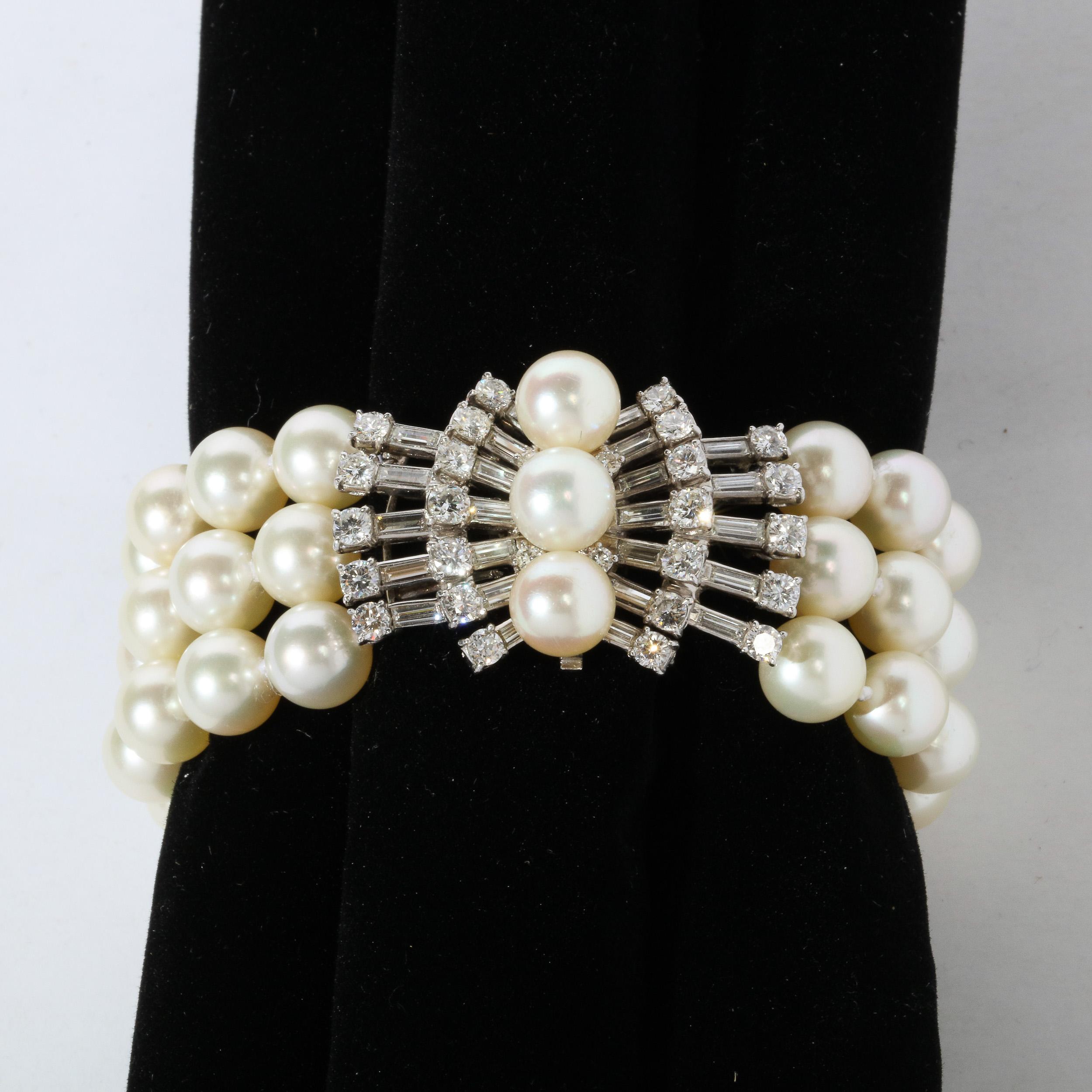 Modern Marianne Ostier Triple Strand Cultured Pearls Bracelet w/ 5 Karat Diamond Clasp