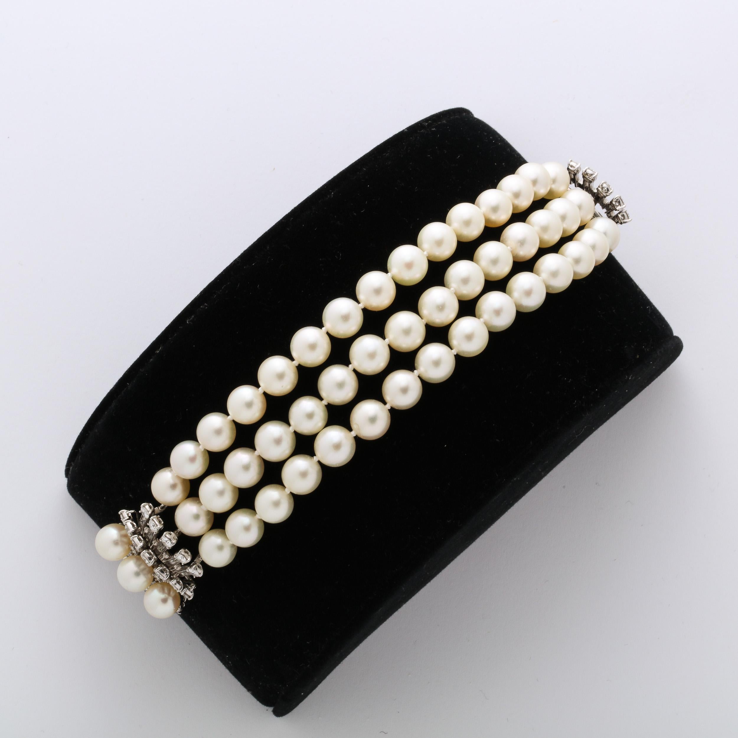 Baguette Cut Marianne Ostier Triple Strand Cultured Pearls Bracelet w/ 5 Karat Diamond Clasp