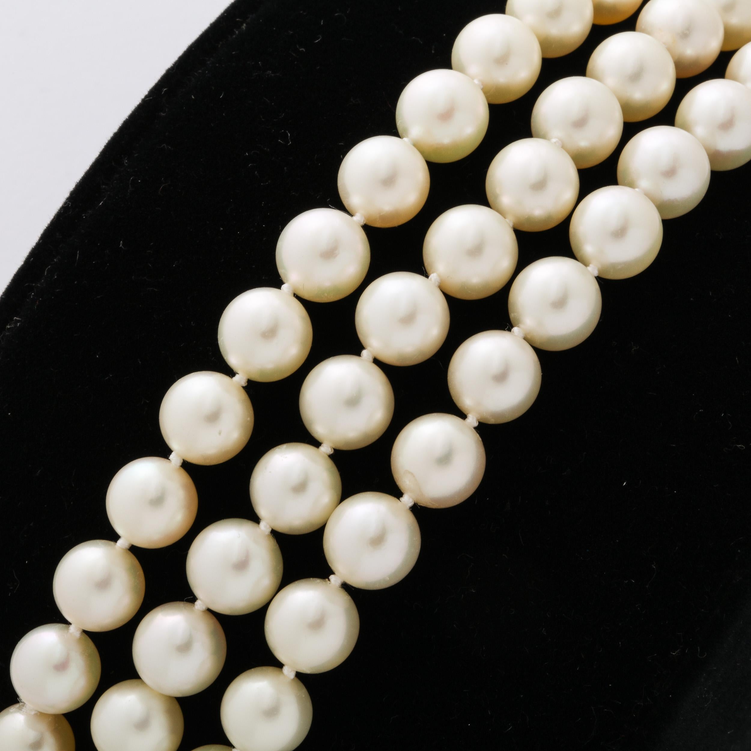 Marianne Ostier Triple Strand Cultured Pearls Bracelet w/ 5 Karat Diamond Clasp In Excellent Condition In New York, NY