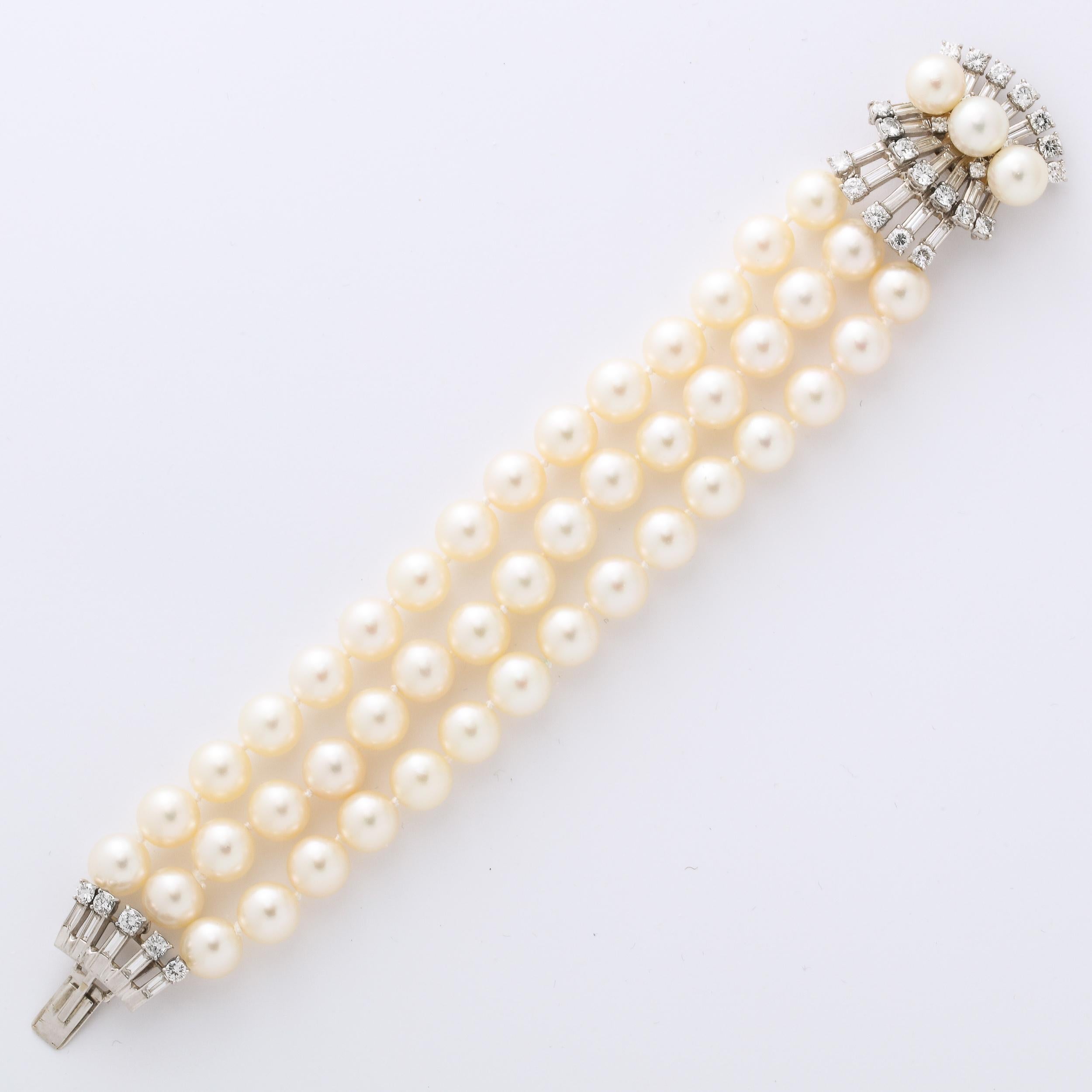 Women's Marianne Ostier Triple Strand Cultured Pearls Bracelet w/ 5 Karat Diamond Clasp