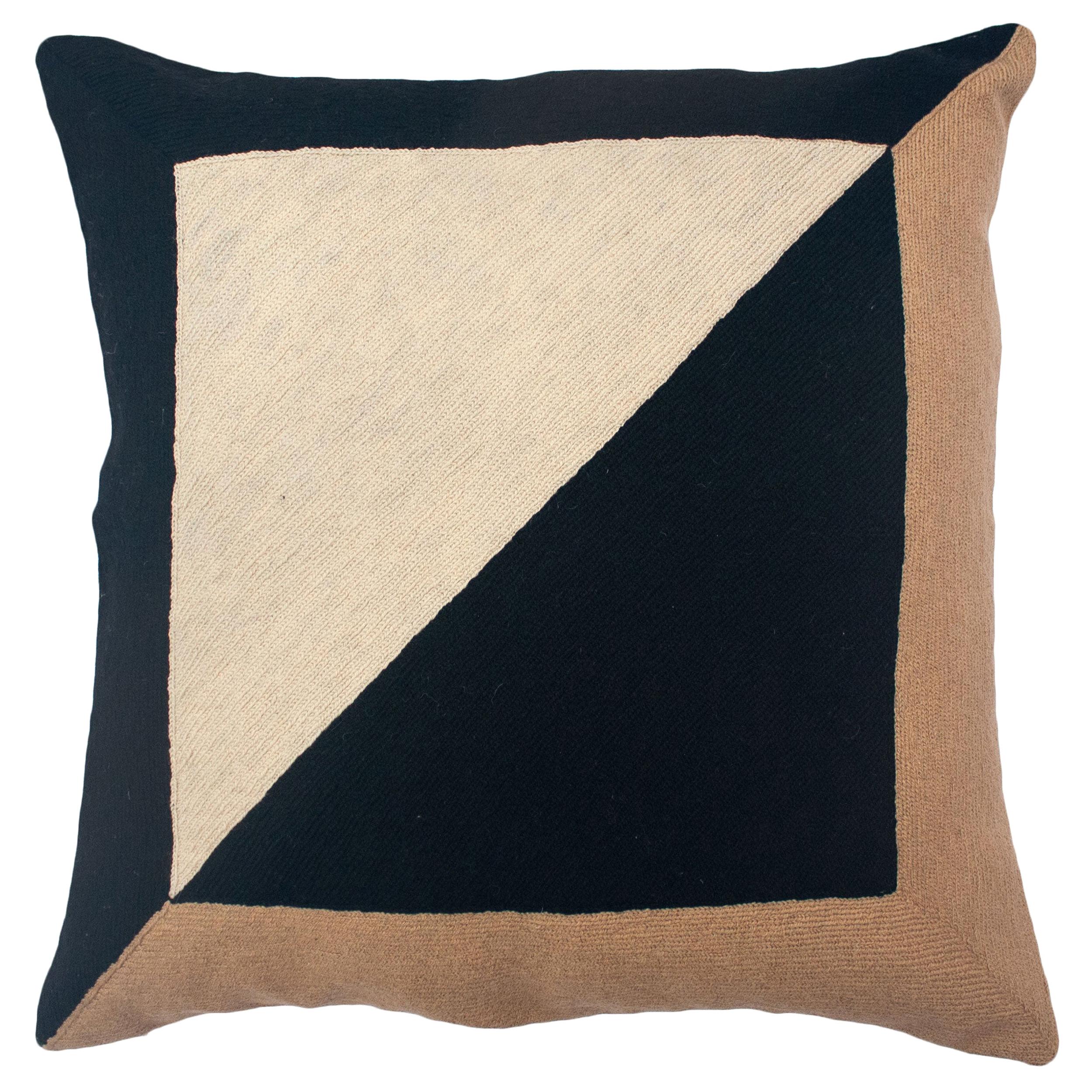 Marianne Square Black Hand Embroidered Modern Geometric Throw Pillow Cover For Sale