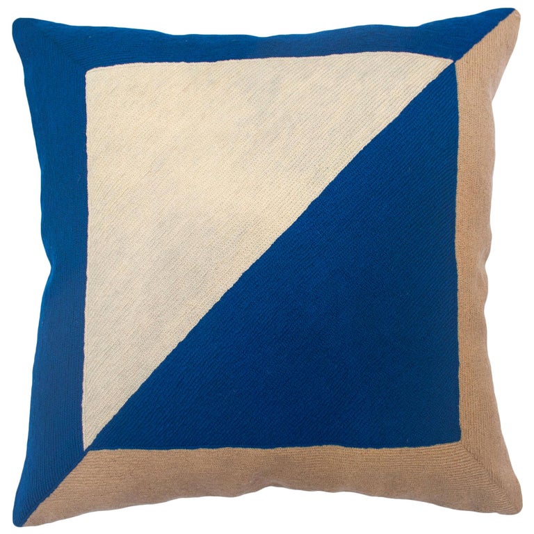 Marianne Square Blue Hand Embroidered Modern Geometric Throw Pillow Cover For Sale